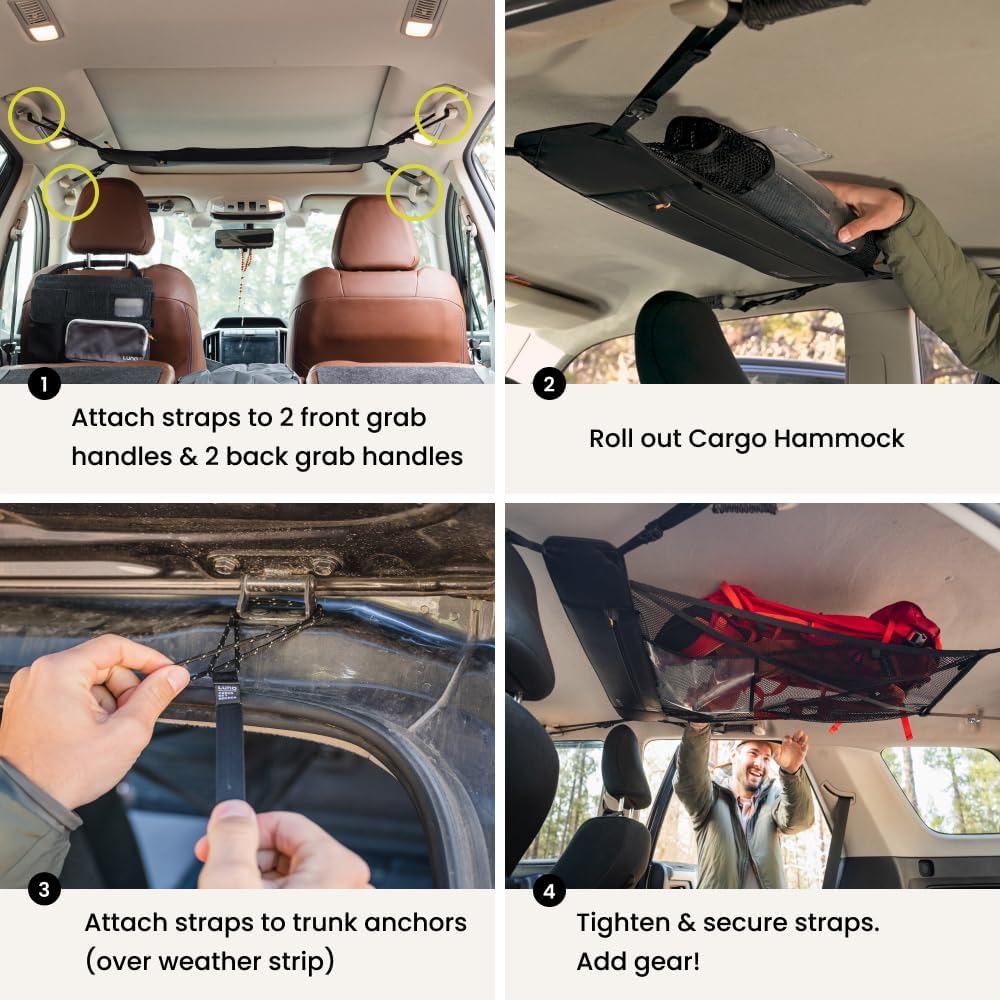 LUNO Ceiling Cargo Net - Car Roof Storage w/Multiple Pockets, Hangout Loops & Tab Pocket for Long Road Trip & Camping - 36" x 52" Car Camping Essentials Organizer for SUV - XL