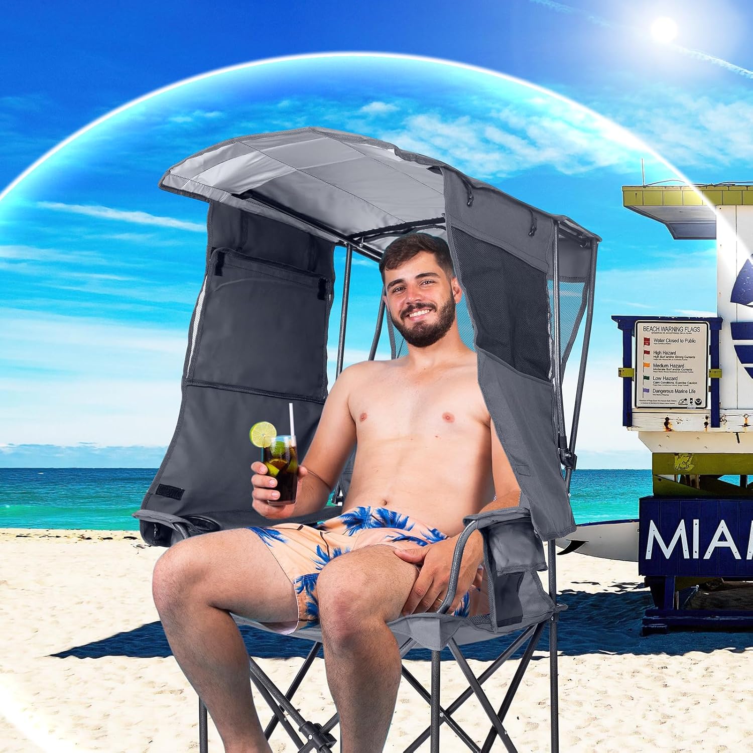 Huskfirm Camping Chair with Canopy Shade - Folding Beach Chair with UPF 50+ Sun Shade, Cup Holder, Side Pocket, Portable Sports Chair for Adults Support 330 LBS, Fishing Camp Outdoor Lawn Chair - Grey