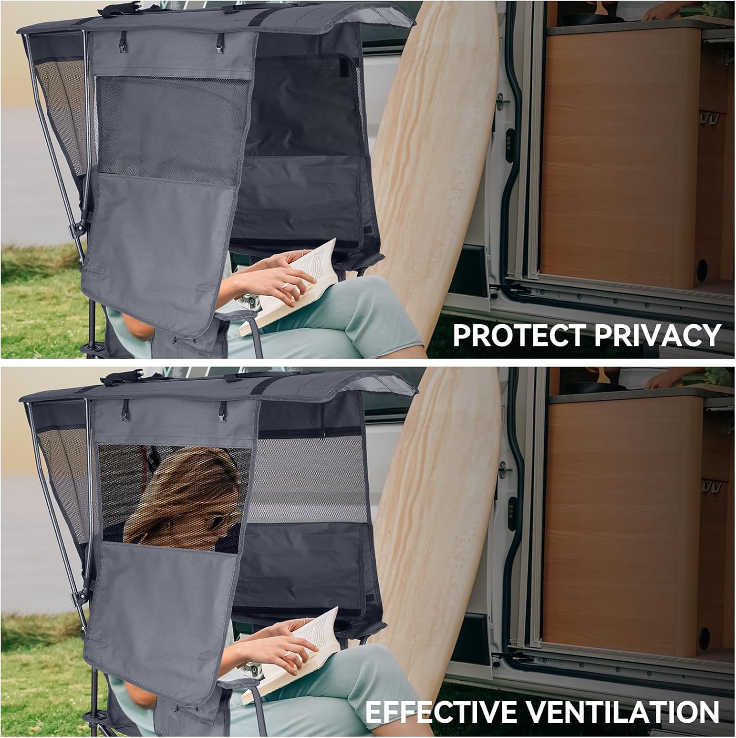 Alternative view of Huskfirm Camping Chair with Canopy Shade - Folding Beach Chair with UPF 50+ Sun Shade, Cup Holder, Side Pocket, Portable Sports Chair for Adults Support 330 LBS, Fishing Camp Outdoor Lawn Chair - Grey