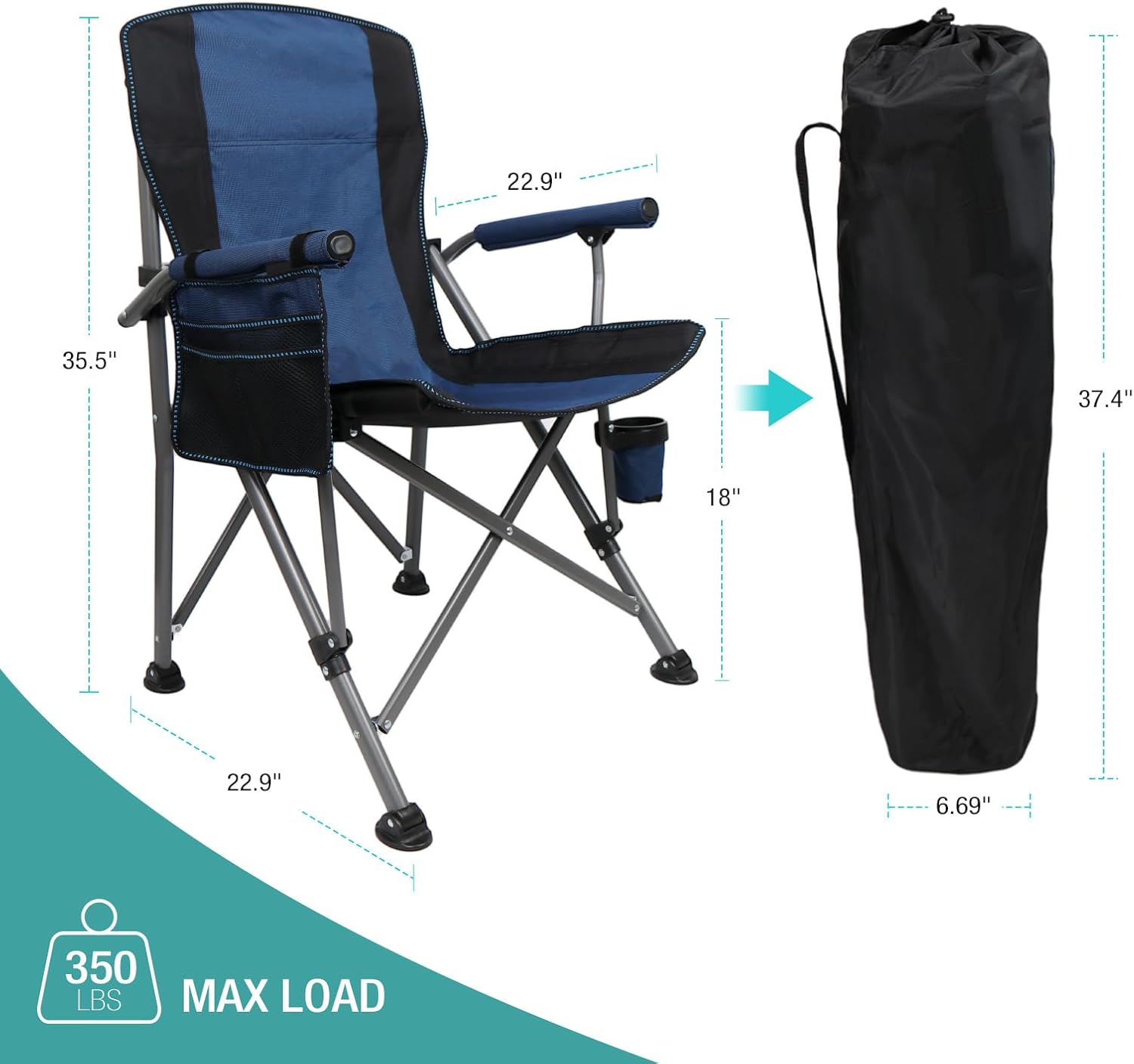 Alternative view of Camping Chair for Adults Heavy Duty Outdoor Patio Lawn Chairs Portable Support 350 LBS High Back Padded Oxford with Armrests, Storage Bag, Cup Holder, for Outside Fishing, Camping, Foldable