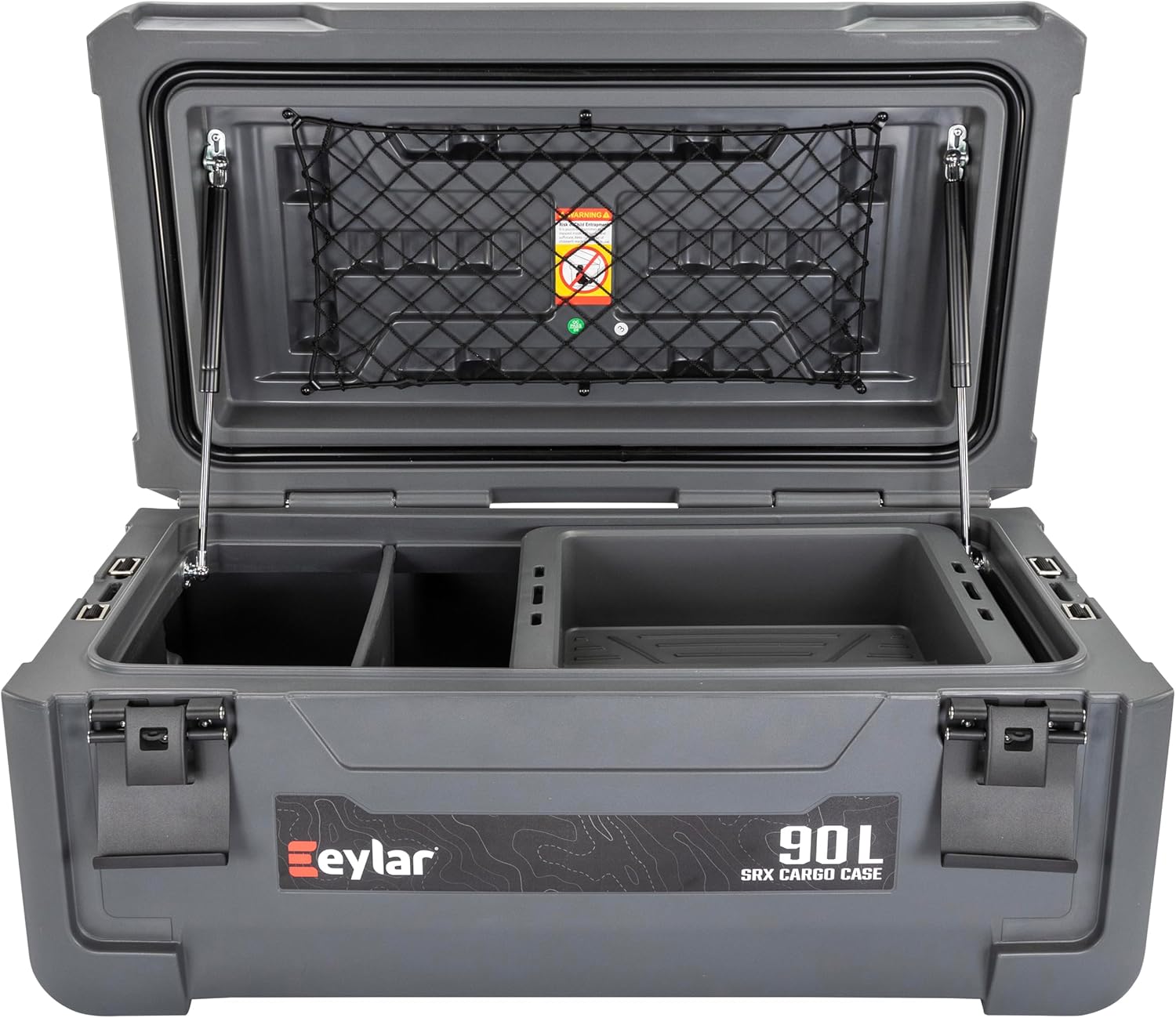 SRX-90 Overlanding Cargo Case u2013 90L Waterproof Storage Box for Camping, Off-Road & Truck Bed Gear u2013 Heavy-Duty Lockable Storage with Gas Strut Lid, Stackable Design & Interior Organizer Tray (Gray)