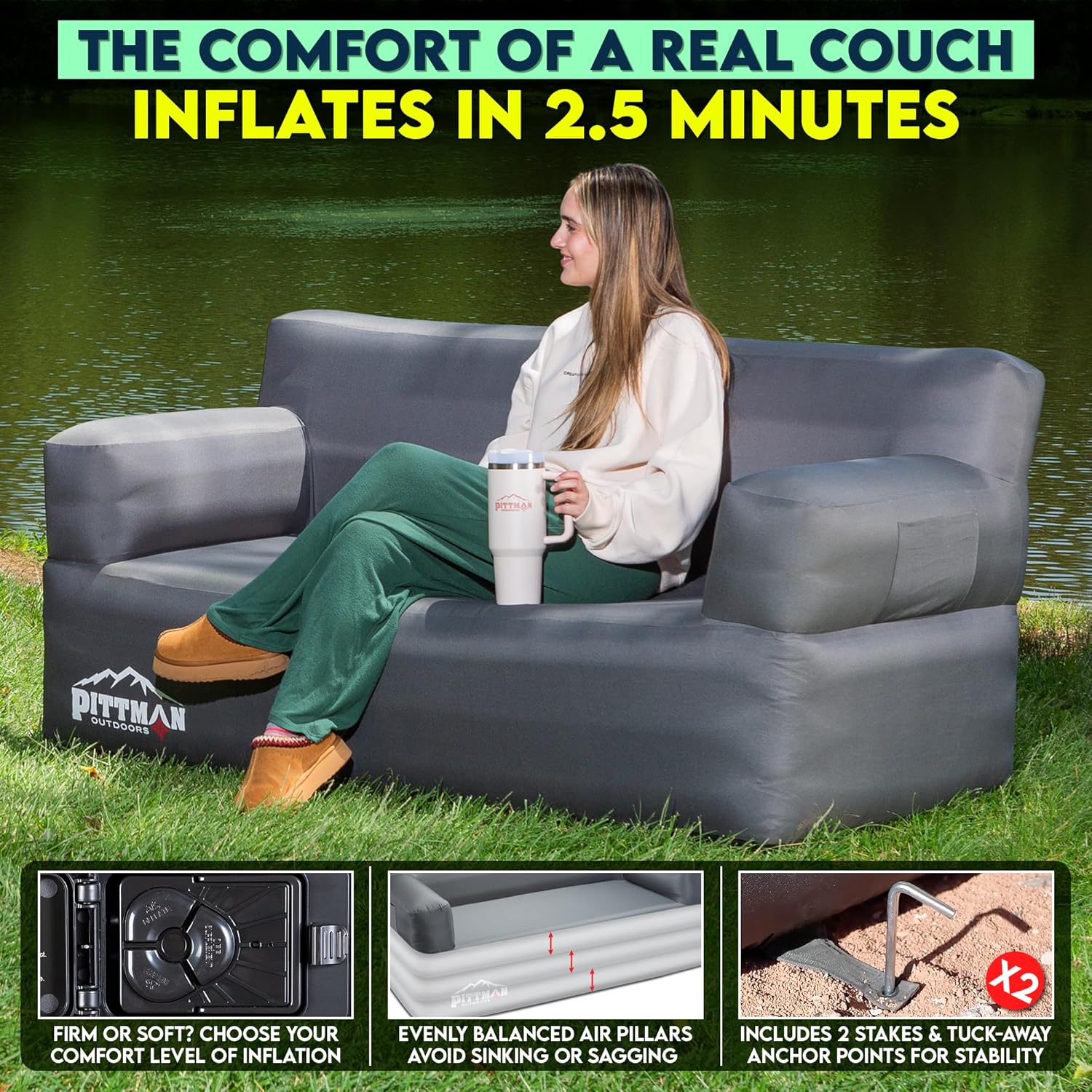 Alternative view of Pittman - Inflatable Couch with Built in Pump for Outdoors & Indoors - Blow Up Couch for Camping, Glamping or Home use has Heavy Duty Puncture Resistant Fabric for Inflatable Sofa Comfort & Durability
