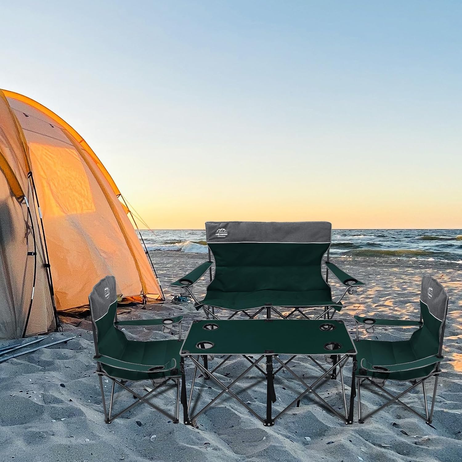 LANMOUNTAIN Oversized 4 Pcs Camping Chair Set with Table,Outdoor Folding Heavy Duty Lawn Chair,Cup Holder,Portable,Loveseat Chair Perfect for Family Hiking,Picnics and Beach Trips,Dark Green