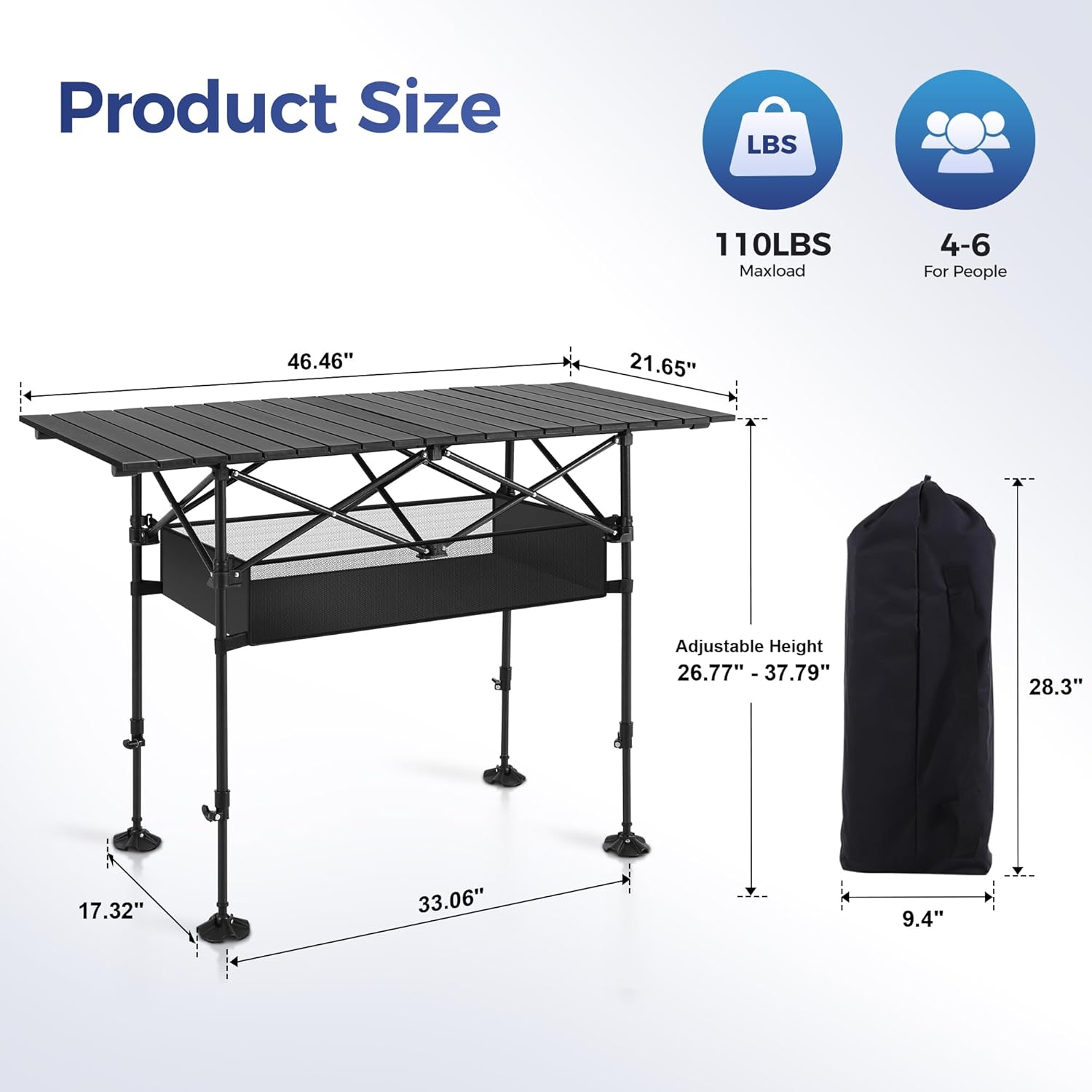 Alternative view of ALPHA CAMP Portable Camping Table, Adjustable Aluminum Folding Table for Picnic, BBQ, Outdoor, Black, 21.65D x 33.07W x 26.77H in
