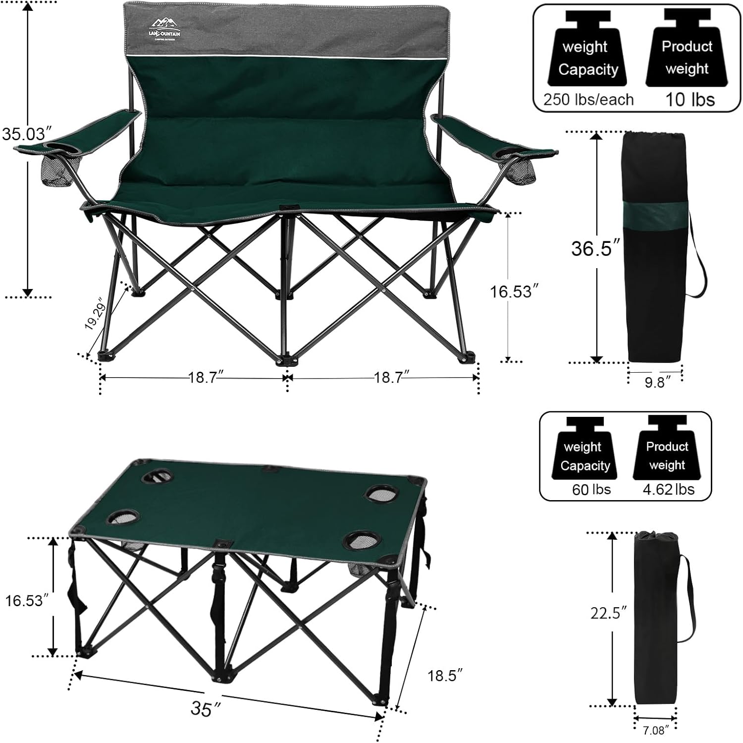 Alternative view of LANMOUNTAIN Oversized 4 Pcs Camping Chair Set with Table,Outdoor Folding Heavy Duty Lawn Chair,Cup Holder,Portable,Loveseat Chair Perfect for Family Hiking,Picnics and Beach Trips,Dark Green