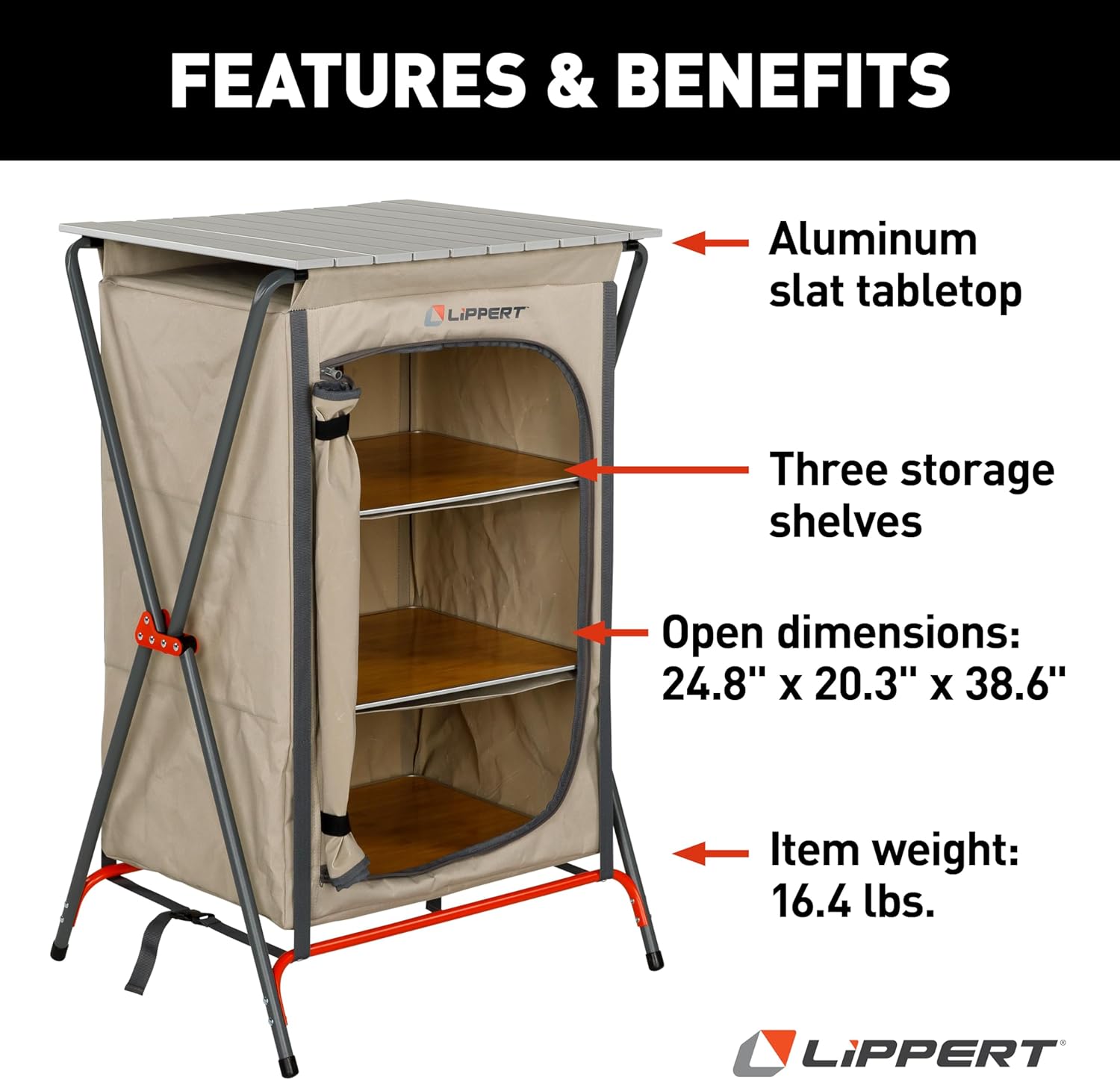 Lippert Sand Outdoor Folding Camping Pantry with Three Storage Shelves, 600D Polyester Fabric, Powder-Coated Steel Frame, Aluminum Slat Top, Collapsible Design - 2023053723