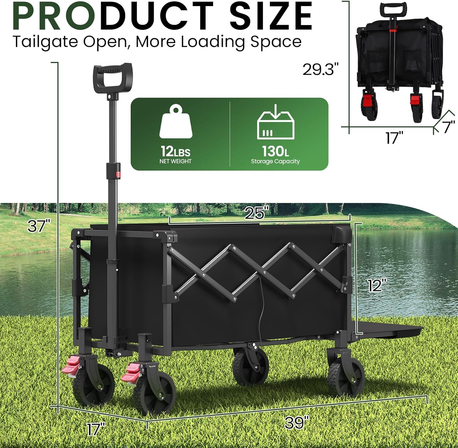 Moothing Collapsible Wagon, Foldable Wagons with Extended 40" L, Folding Wagon with Tailgate, Portable Lightweight Utility Wagons for Grocery, Shopping, Camping, Garden, Sports, Black D