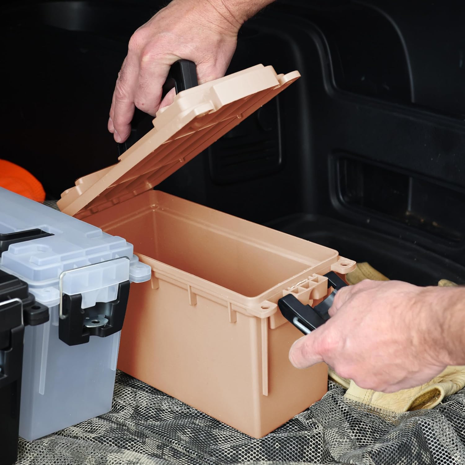 Sheffield 12627 Ammo Storage Box, Stackable .30 Cal Field Boxes, Water and Dust Resistant, Lockable Storage Box with Handle, Secures Hunting Gear, Supplies, and Bullets, Made in USA, Tan, 1-Pack