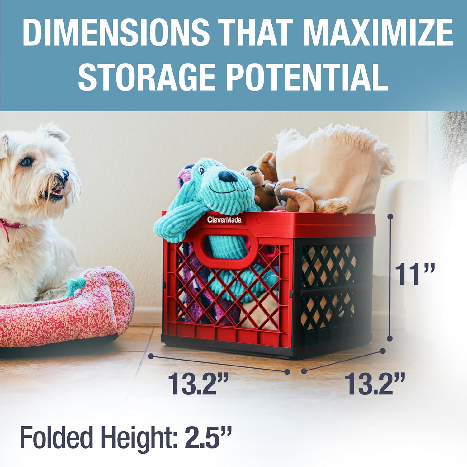 CleverMade Collapsible Milk Crate, Red, 1PK - 25L (6 Gal) Stackable Storage Bins, Holds 50lbs Per Bin - Clevercrates are Heavy Duty, Plastic Collapsible Storage Crate for Multi Purposes