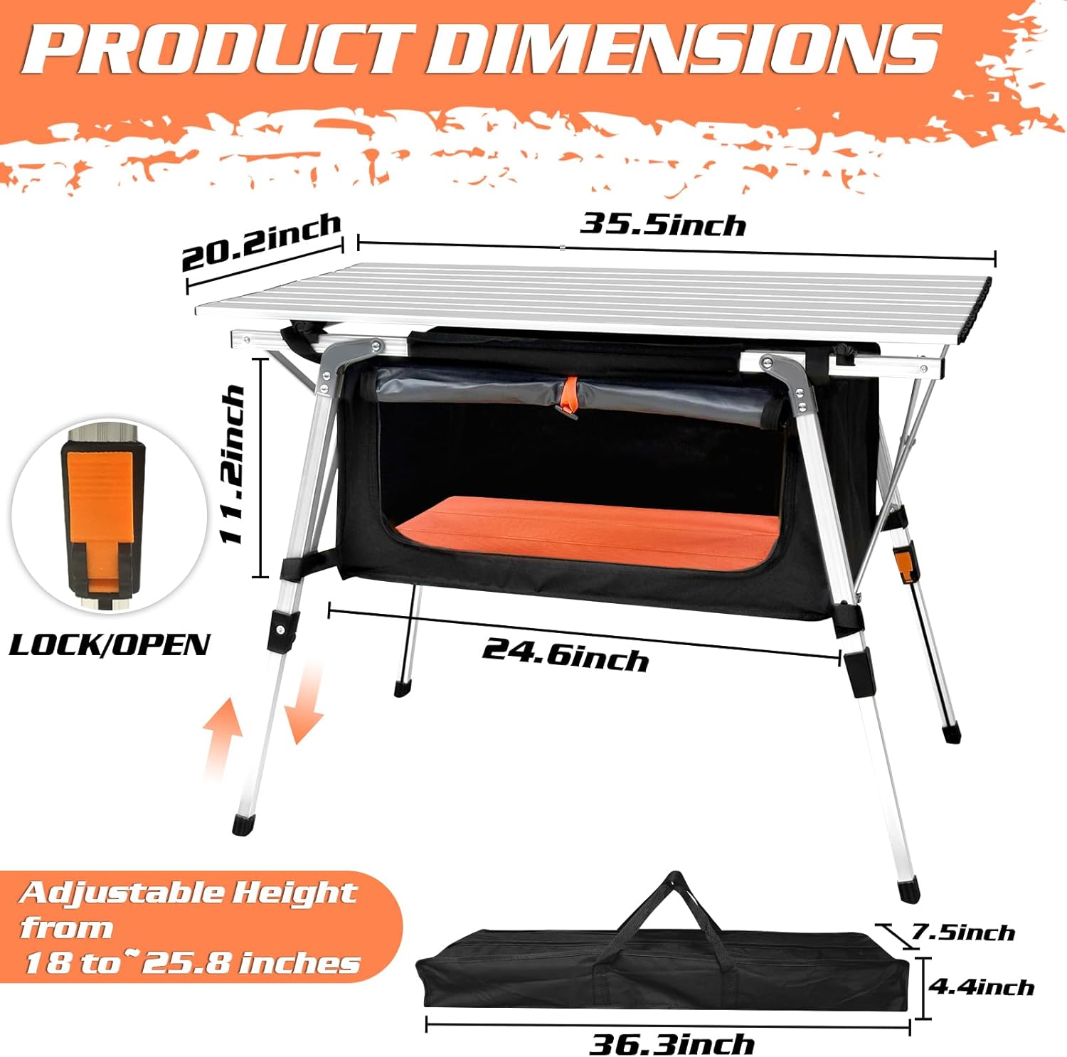 Folding Camping Table, Adjustable Height Aluminum Camp Table, Portable Lightweight Outdoor Table with Storage & Carry Bag, Grey