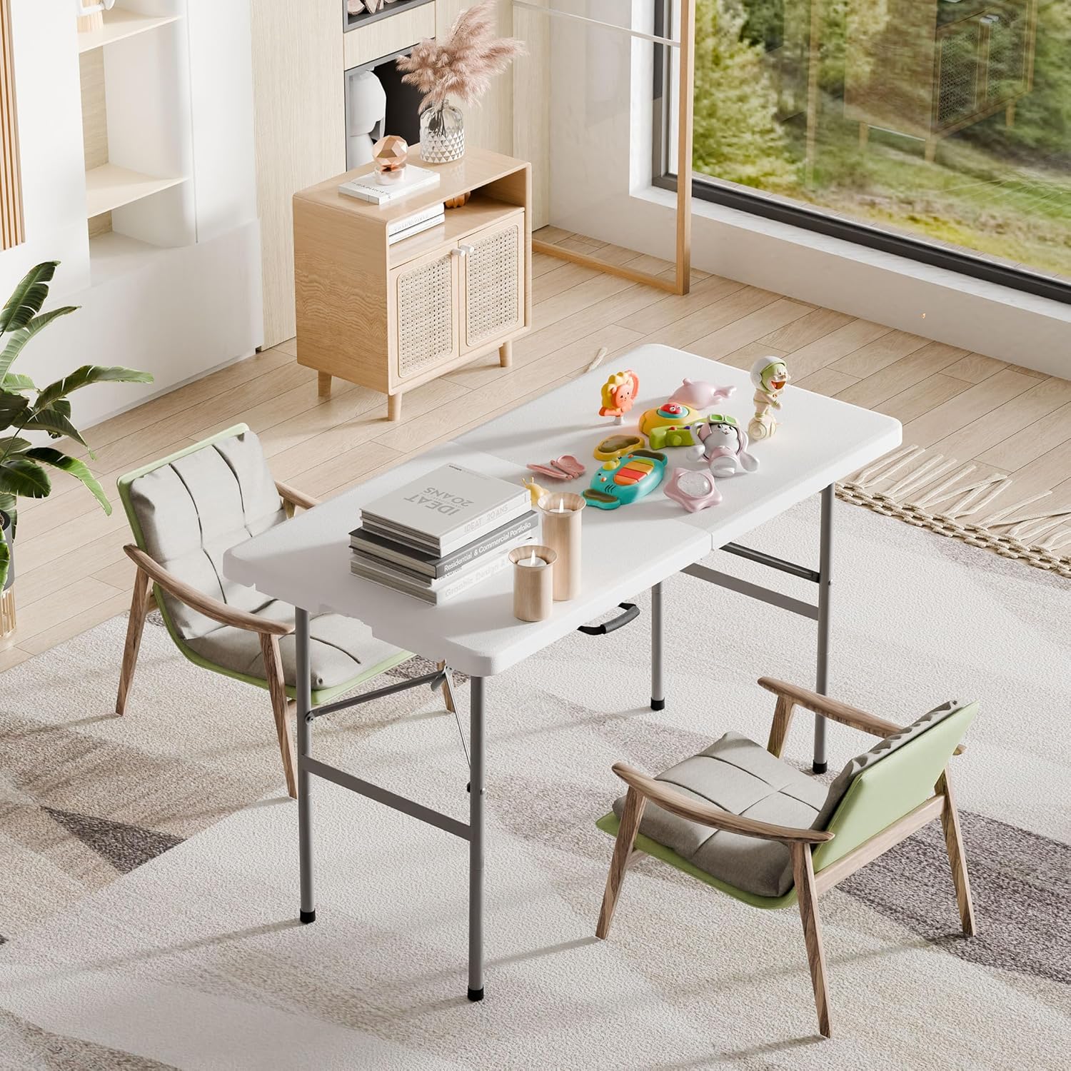 NEWBULIG 4 FT Folding Table Plastic Portable Fold-in-Half Table Heavy Duty for Camping Picnic Dining Party Kitchen Outdoor Indoor with Carrying Handle