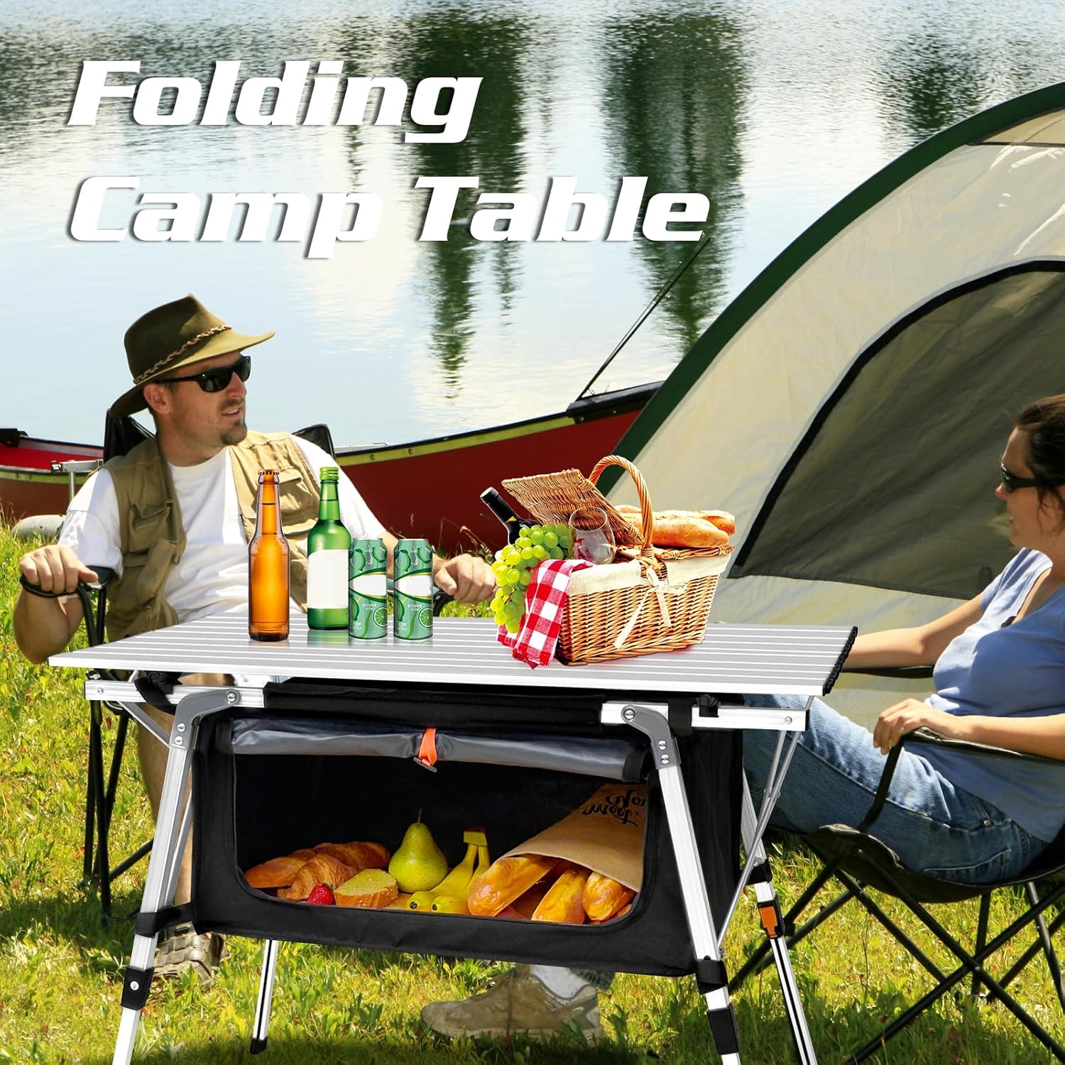 Alternative view of Folding Camping Table, Adjustable Height Aluminum Camp Table, Portable Lightweight Outdoor Table with Storage & Carry Bag, Grey