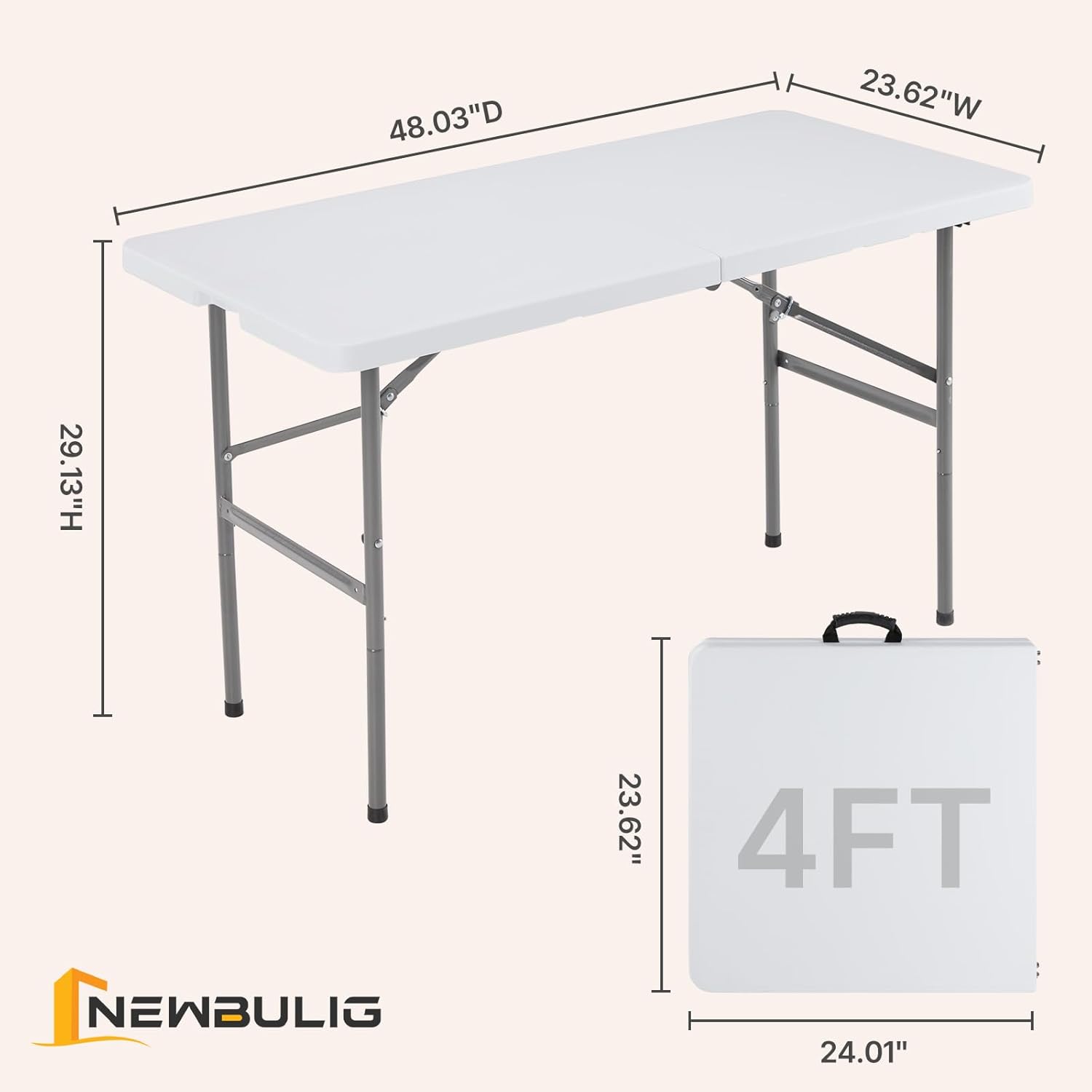 Alternative view of NEWBULIG 4 FT Folding Table Plastic Portable Fold-in-Half Table Heavy Duty for Camping Picnic Dining Party Kitchen Outdoor Indoor with Carrying Handle