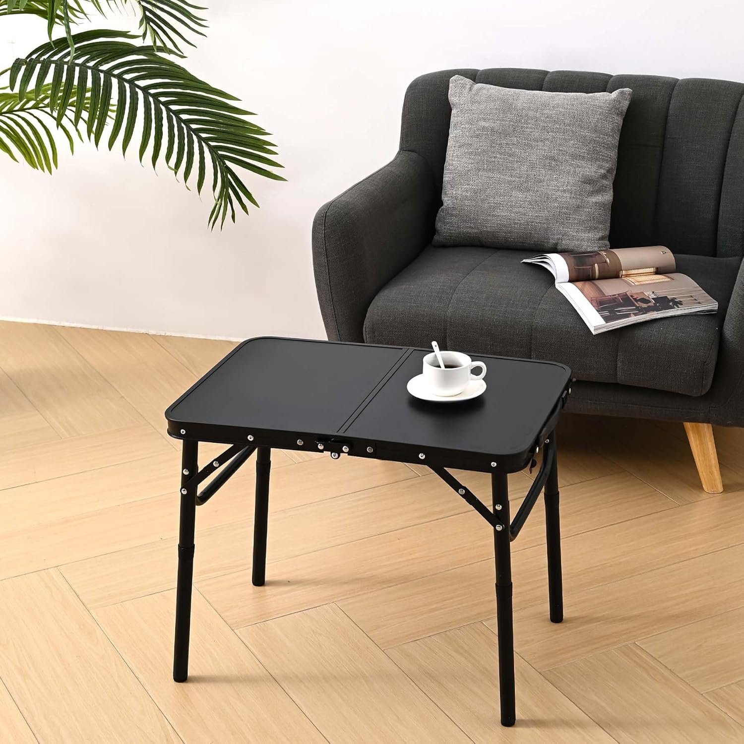 YihuiKo Folding Picnic Table with Storage Net, Matte Black Aluminum Folding Table 23.6" x 15.8", Adjustable Height Max 27.5", Lightweight Portable for Camping Travel Grill Indoor