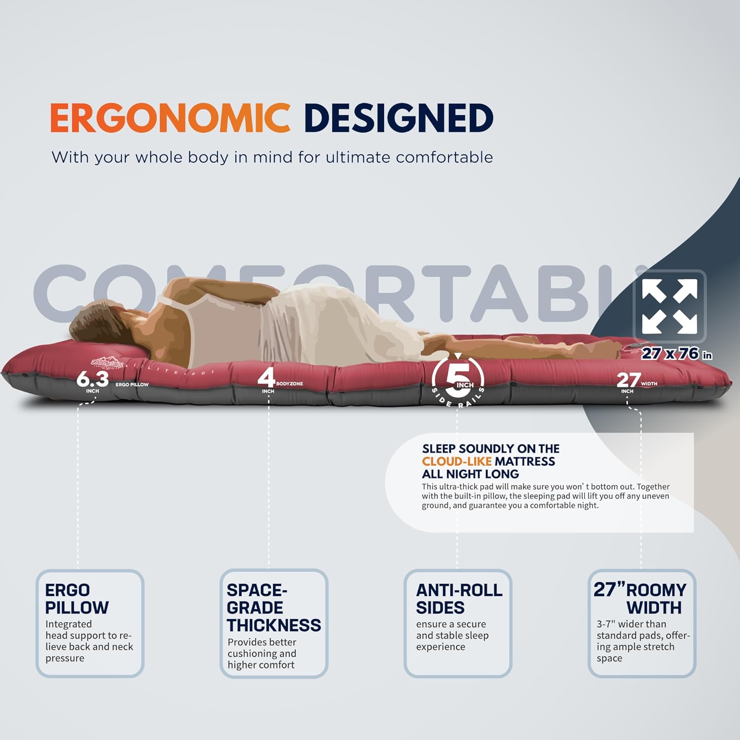 ZOOOBELIVES Camping Sleeping Pad with Built-in Pump & Pillow, 5-Inch Thick, 27-Inch Wide, Ultralight Inflatable Camp Mat with Snap Buttons, Compact for Hiking Backpacking and Travel - Airlite1901