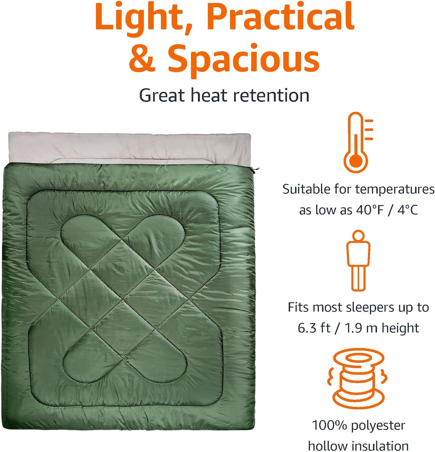 Alternative view of Amazon Basics 40°F Cool Weather Two-Person Sleeping Bag, 87 Inches x 59 Inches, Olive Green