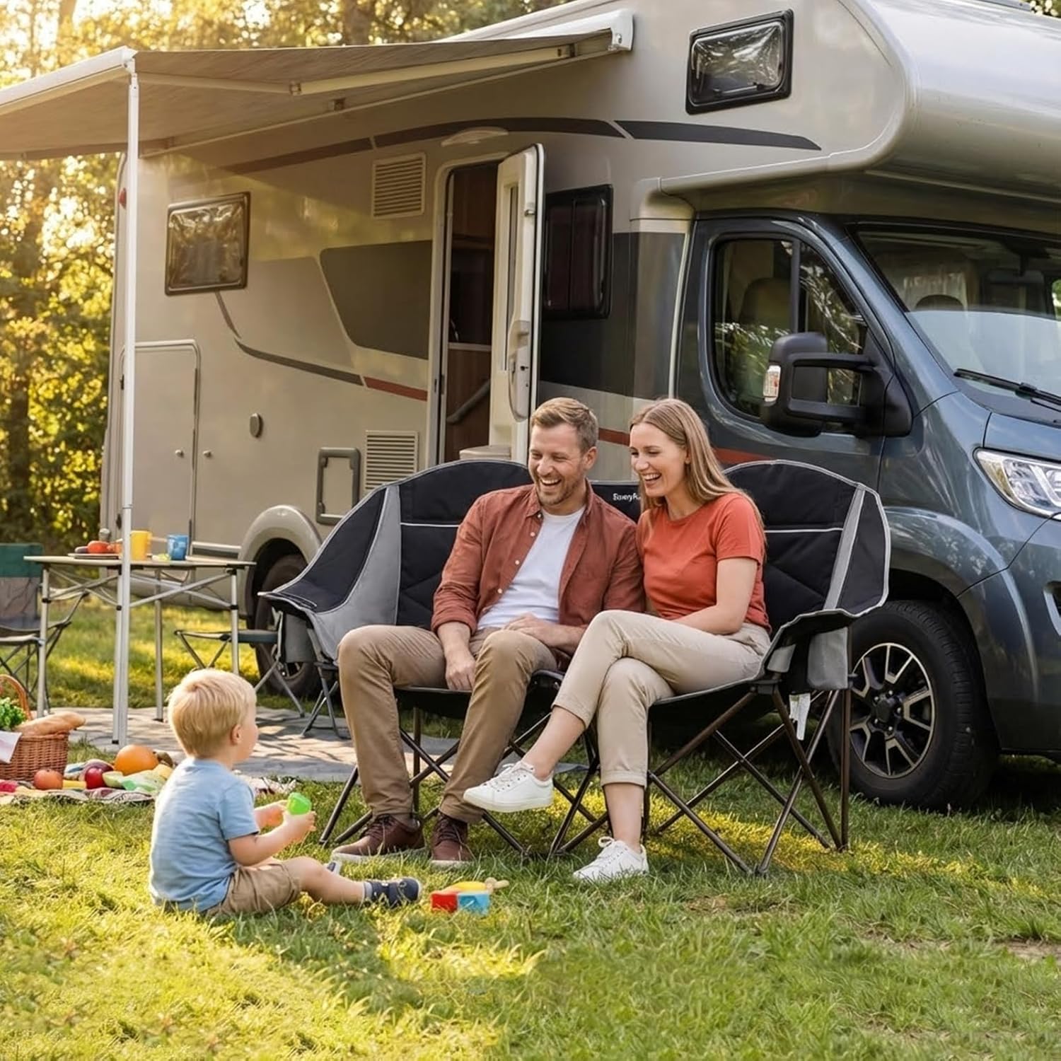 SUNNYFEEL Double Camping Chair Portable Folding Loveseat for 2 Adults Heavy Duty Oversized Camping Couch 600 lbs with Cup Holders & Storage for Outdoor Camping, Beach, Lawn, Patio RV & Indoor Use