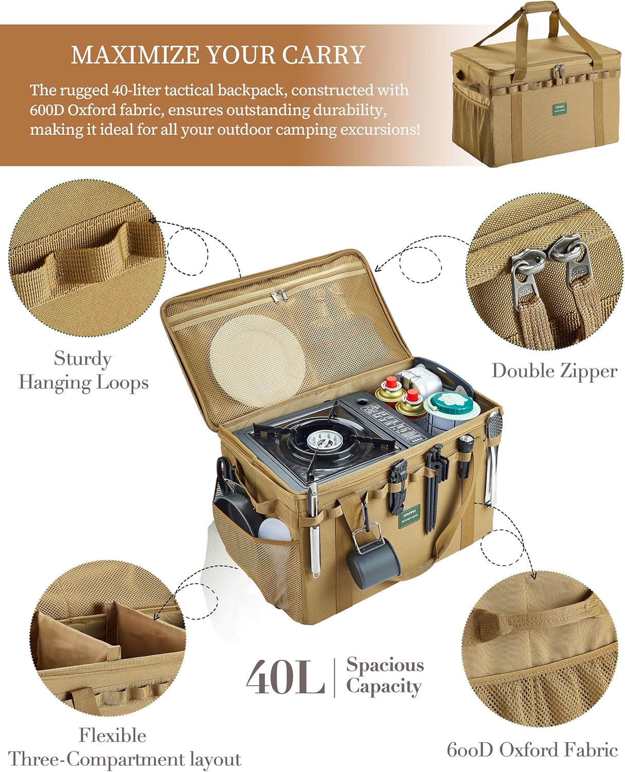 Alternative view of UPWOIGH Tactical Camping Storage Bag 40L u2013 Heavy Duty Duffel with Waterproof Bottom, Collapsible Organizer with 2 Adjustable Dividers, 600D Oxford Fabric, Brown Overlanding Gear