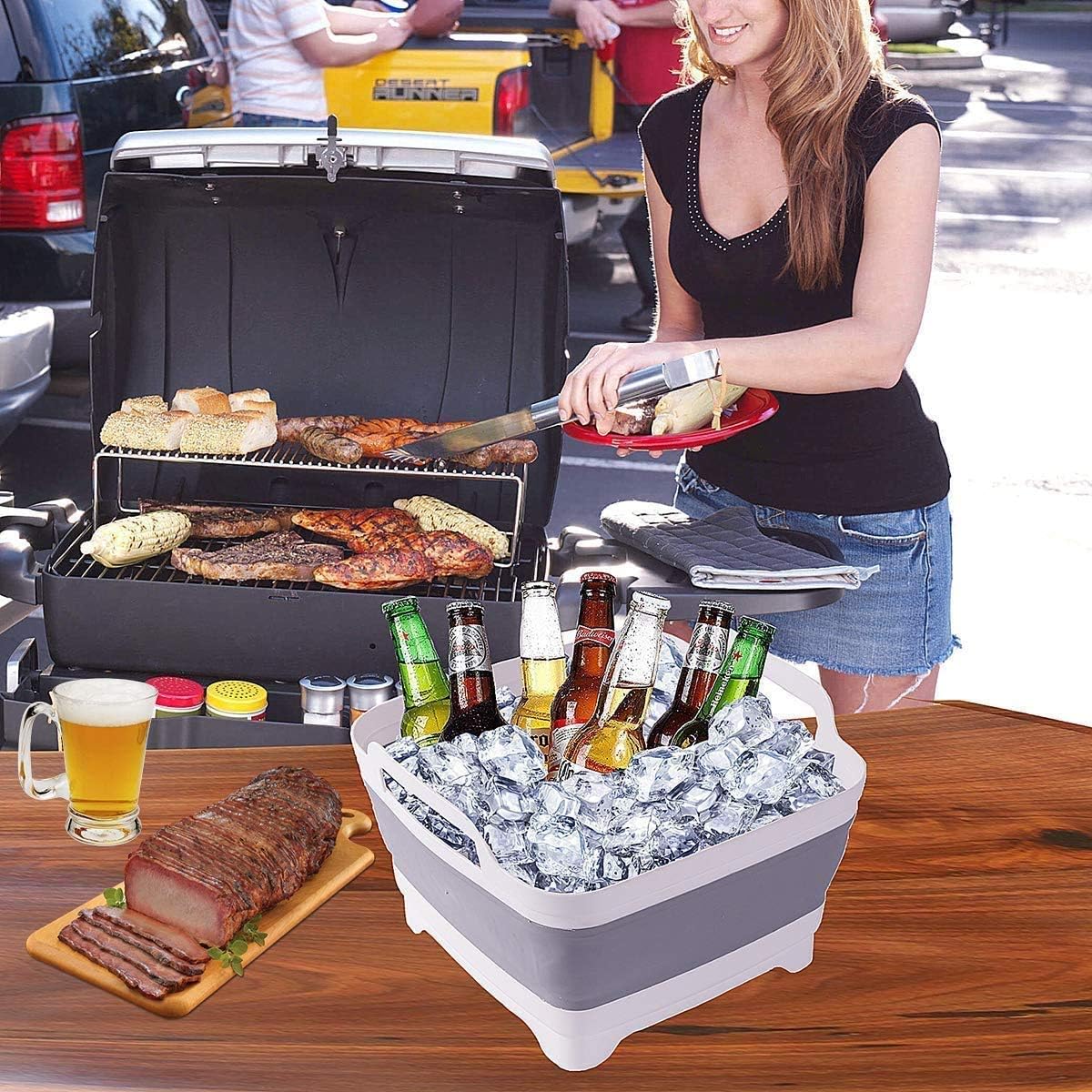 9L (2.4Gal) Dish Basin Collapsible with Drain Plug Carry Handles,Kitchen Storage Tray Dish Wash Basin, Portable Dish Tub, Foldable Dishpan for Camping,RV,Gray