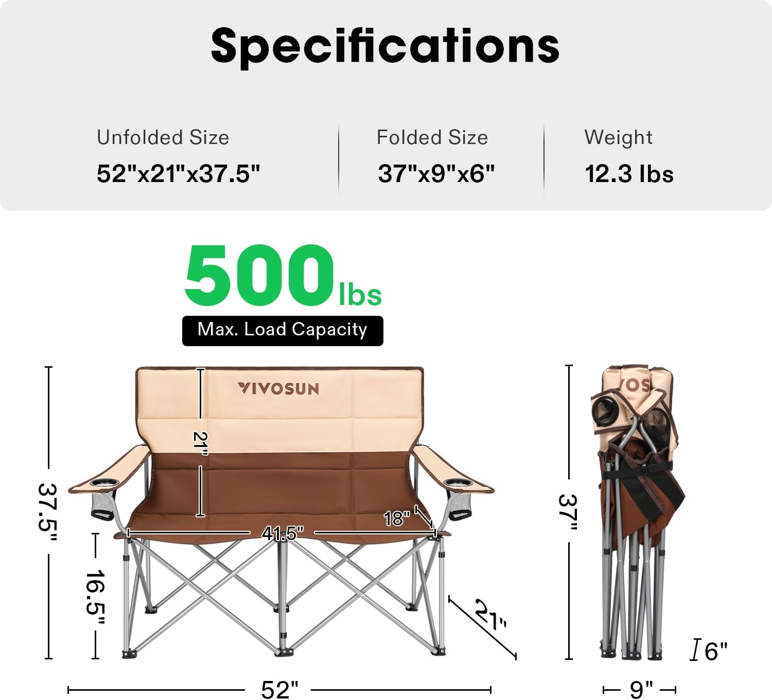 VIVOSUN [outlets] Double Camping Chair, Fully Padded Folding Loveseat, Portable Oversized Duo Chair with Storage Cup Holders, Height-Adjustable Armrests & Carry Bag, Supports up to 500lbs