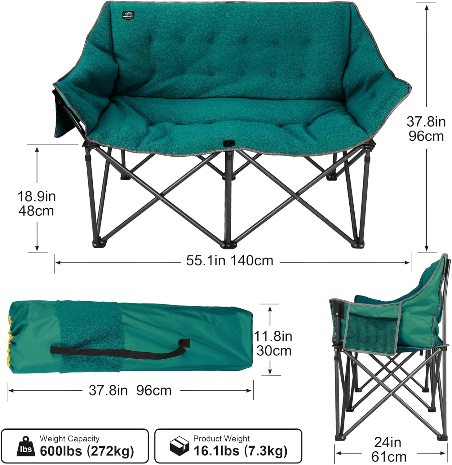 LANMOUNTAIN Fuzzy Oversized Folding Double Camping Chairs,Heavy Duty Supports 600 Lbs,Comfy Portable Loveseat for Adults w/Mesh Pocket,Plush Fleece-Lined Lawn Couch for Outdoor/Indoor,Dark Green