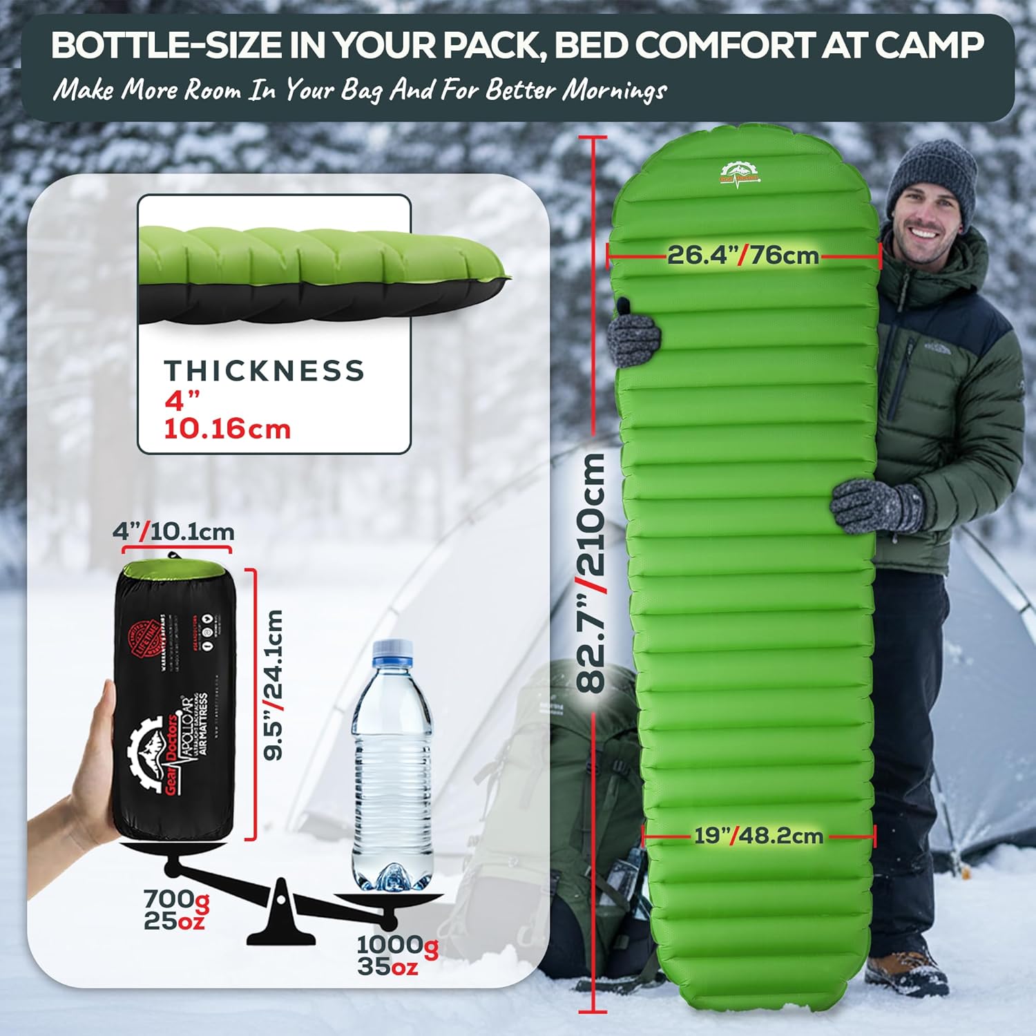 Gear Doctors ApolloAir 5.2 R-Value [25oz] Ultralight Insulated Inflatable Camping Sleeping Pad u2014 Backpacking Sleeping Pad u2014 Camping Mattress Compact Lightweight for Hikingu2014Air Mattress for Backpacking