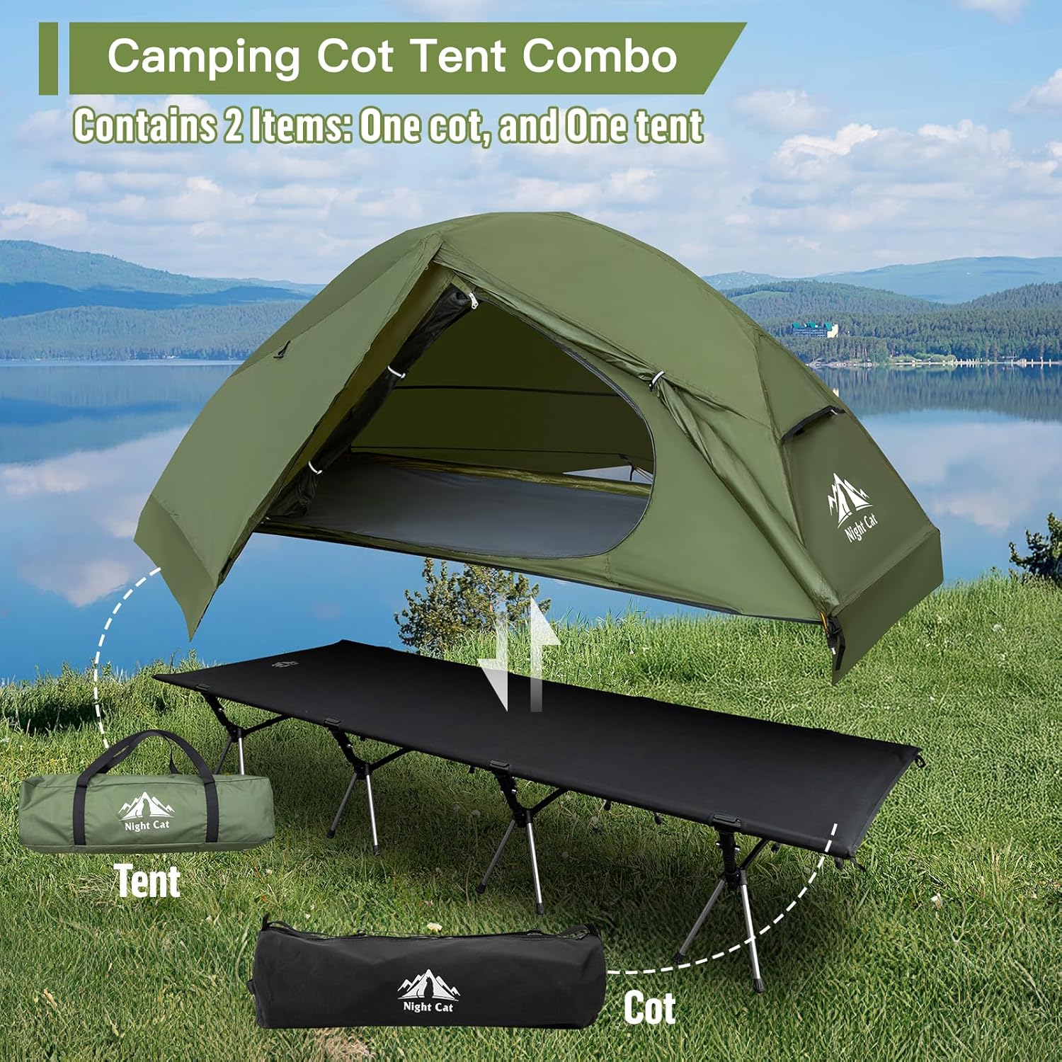 Night Cat Camping Cot Tent - Waterproof 1-Person Off-Ground Combo Cot Bed for Adults Portable Easy Set-up Tent