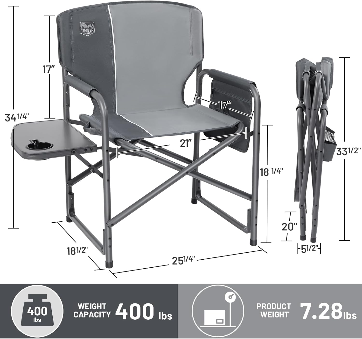 Alternative view of TIMBER RIDGE Aluminum Oversized Camping Chair, Lightweight Portable Directors Chair with Side Table Detachable Side Pocket for Outdoor Camping, Lawn, Picnic, Support 400lbs Grey 2 Pack