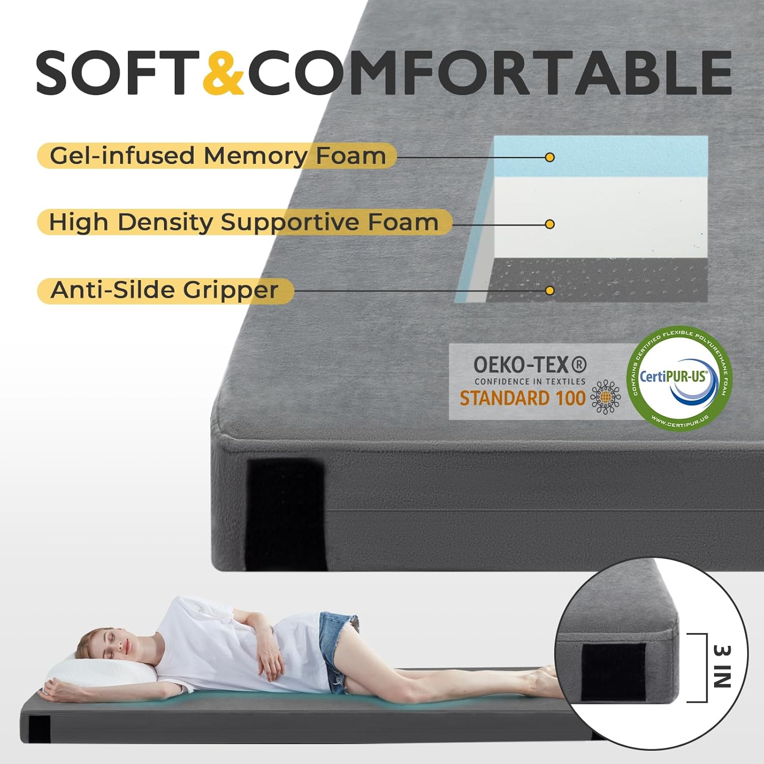 Kingfun 3 Inch CertiPUR-US Memory Foam Camping Mattress, Waterproof Roll up Sleeping Pad for Adults, Comfortable Thick Floor Sleeping Mats for Car Truck Tent with Removable Travel Bag