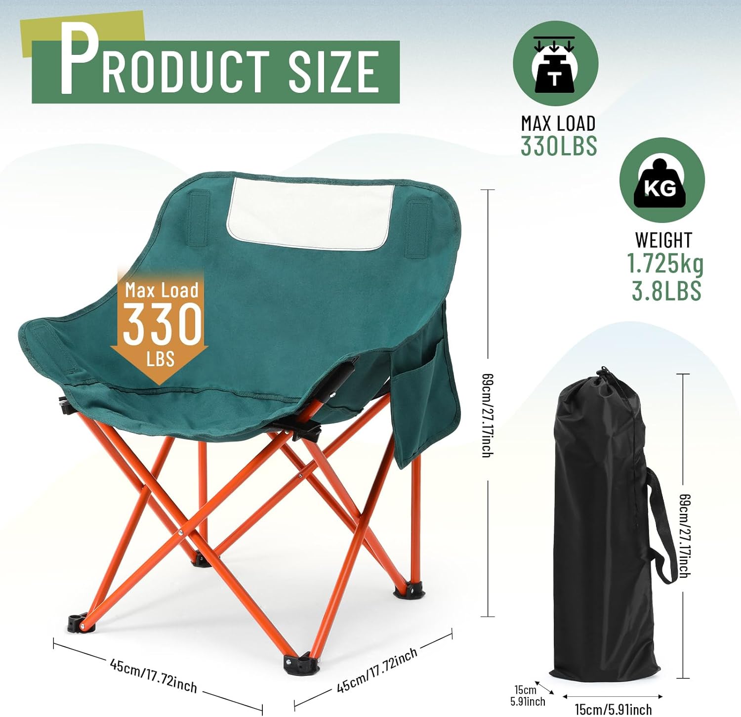 Seeloowy 2 Pack Compact Camping Chairs Portable Folding for Outside with Carry Bag Lightweight Moon Chairs for Travel Picnic Hiking Beach Fishing, 600D Oxford, Supports 330lbs(Green)