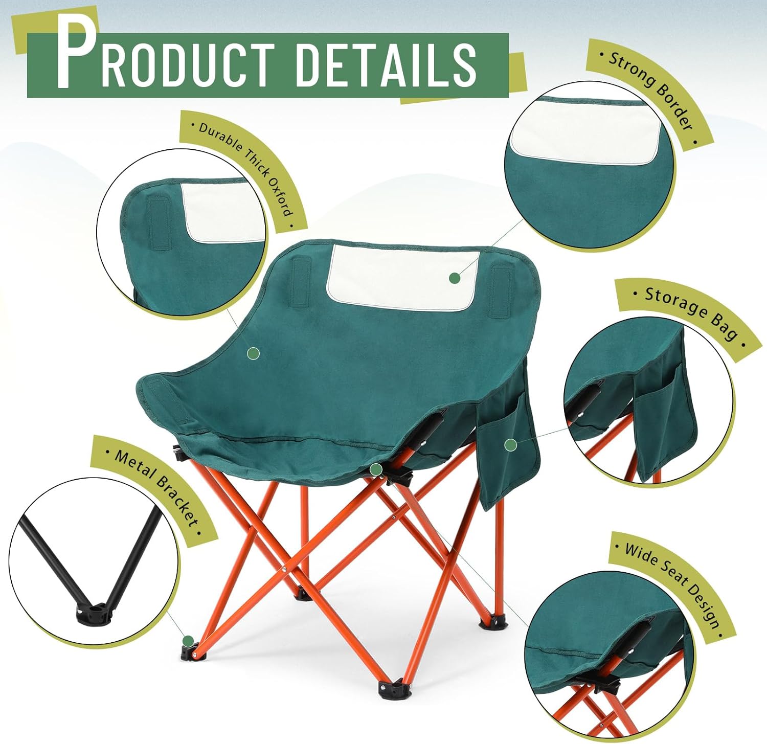 Alternative view of Seeloowy 2 Pack Compact Camping Chairs Portable Folding for Outside with Carry Bag Lightweight Moon Chairs for Travel Picnic Hiking Beach Fishing, 600D Oxford, Supports 330lbs(Green)