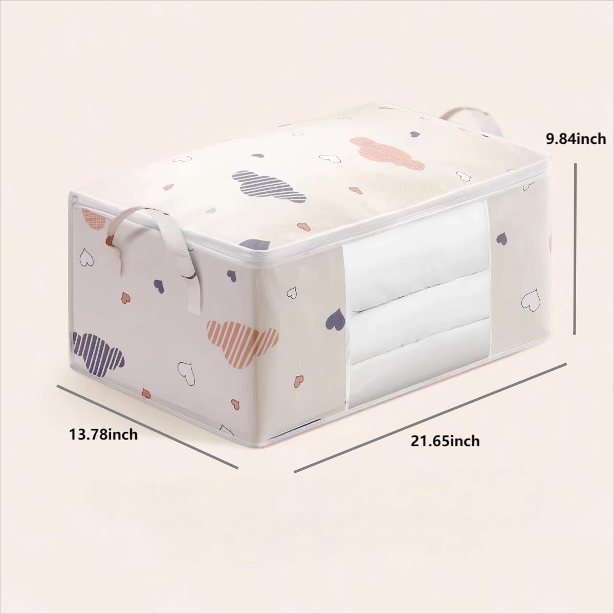 3 Pcs Large Foldable Storage Bag Organizer with Reinforced Handle,Clear Window,Zipper Closure,Moving Bags and Storage Containers for Bedding,Comforters,Clothing,Beige.