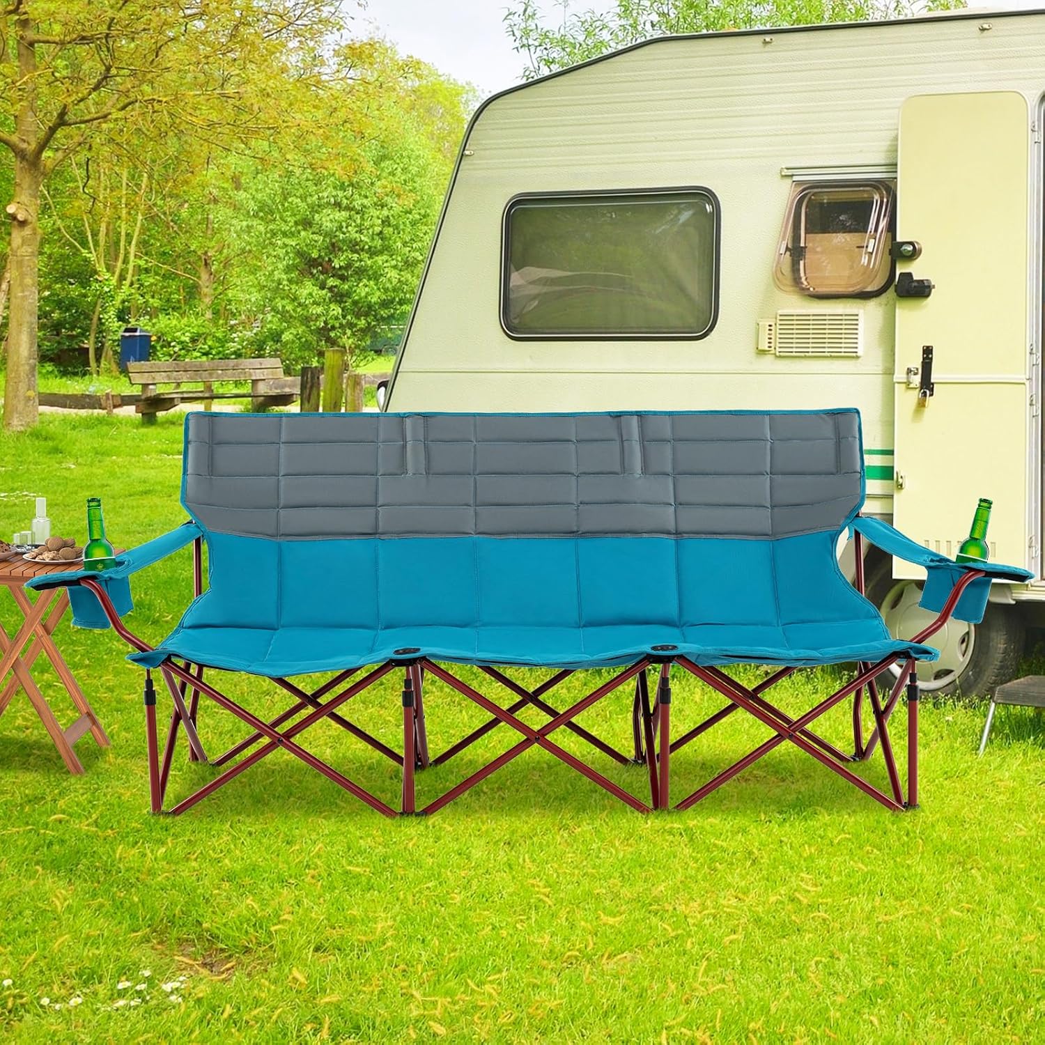 Goplus 3 Person Camping Chair for Adults, Low Outdoor Folding Oversized Couch Chair w/Cup Holders & Thick Padding, Heavy-Duty Lawn Chair for Beach Picnic Travel, Supports 900 LBS (3-Person Seat)