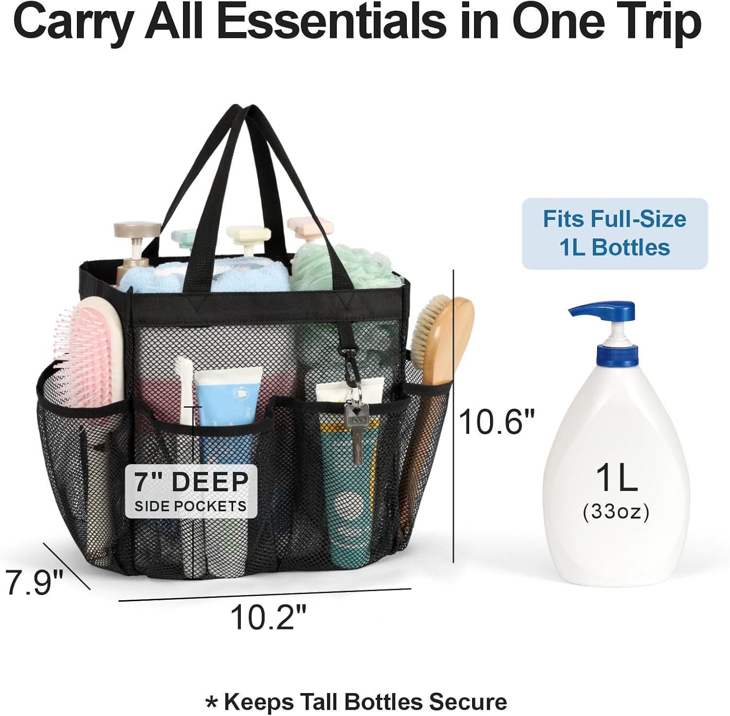 F-color Mesh Shower Caddy Portable, Upgrade Deeper 7 Pockets Shower Bag Basket Tote for College Dorm Room Toiletry Bathroom Essentials Gym Camp Quick Dry 2 handles with S Hook, Black