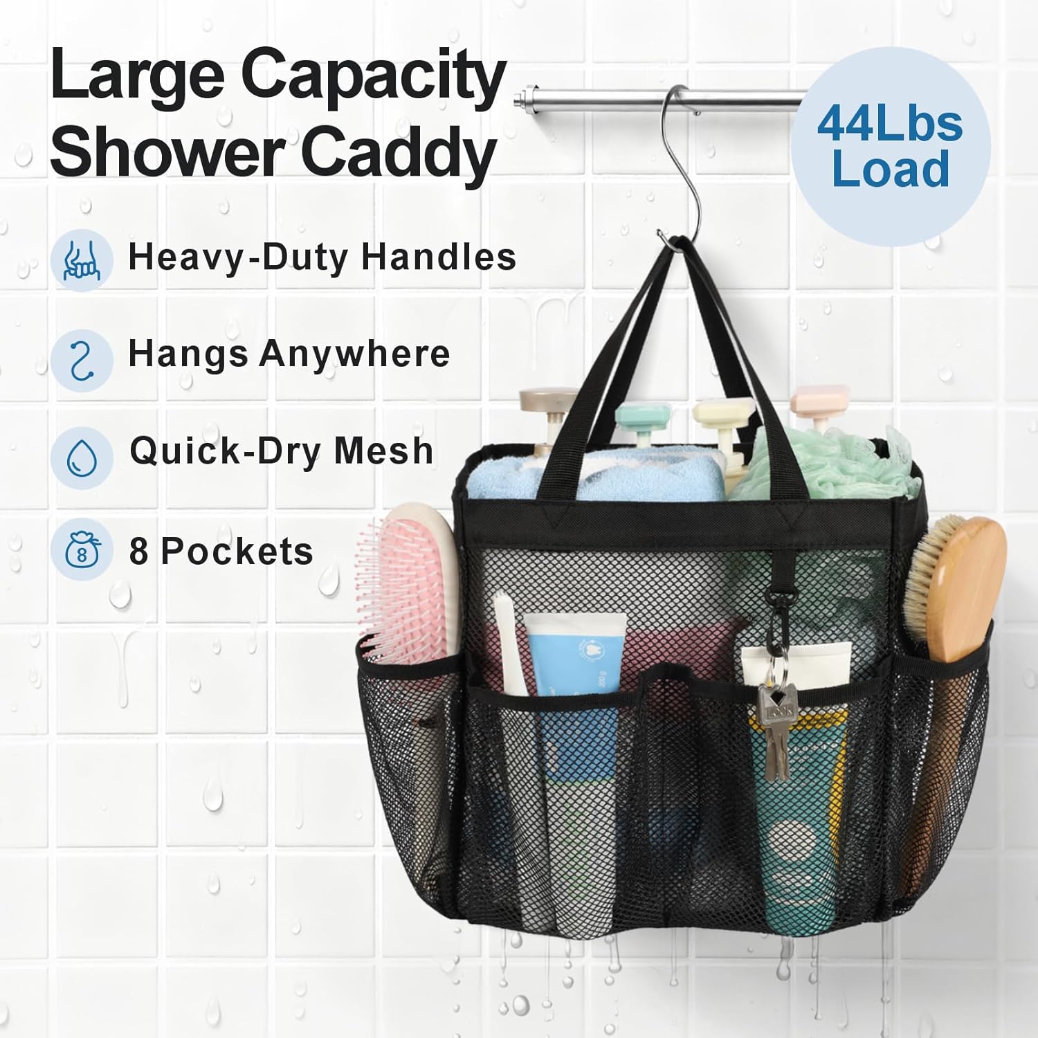 Alternative view of F-color Mesh Shower Caddy Portable, Upgrade Deeper 7 Pockets Shower Bag Basket Tote for College Dorm Room Toiletry Bathroom Essentials Gym Camp Quick Dry 2 handles with S Hook, Black