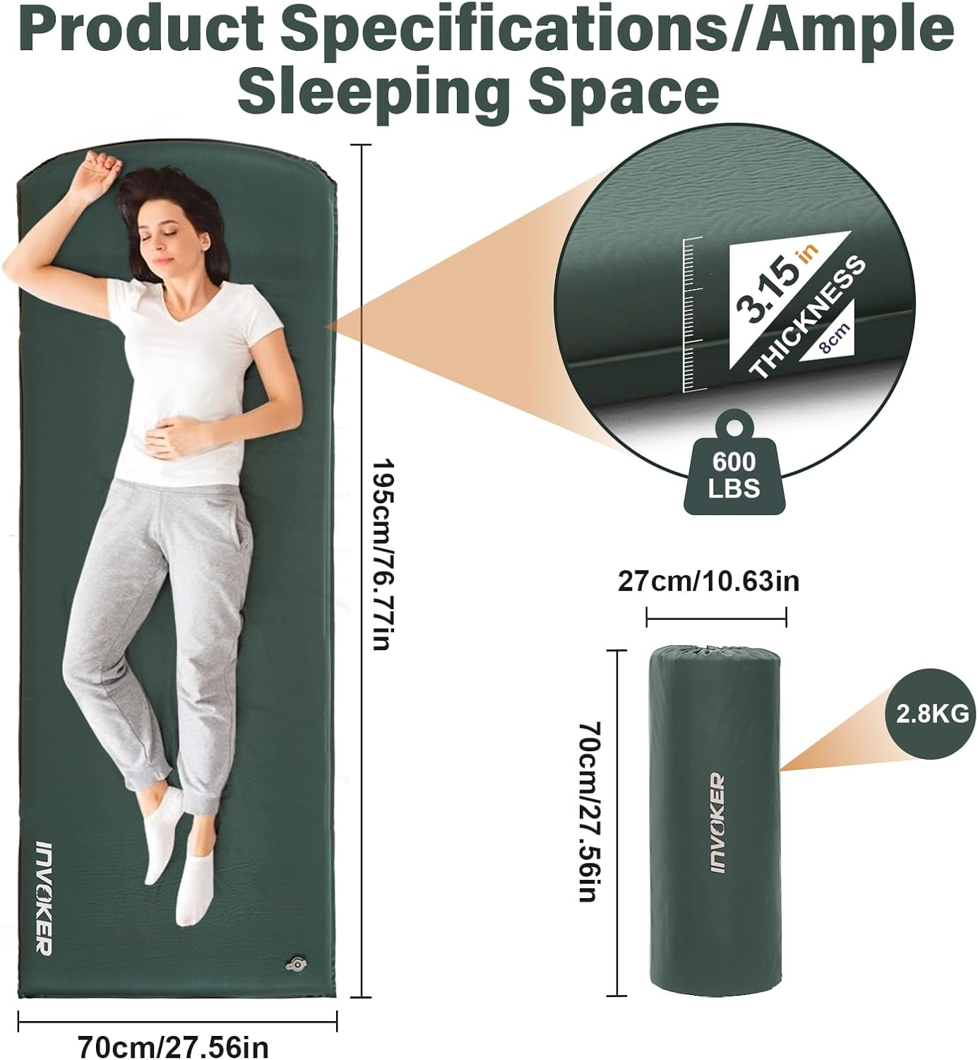 Alternative view of 3.15" Self Inflating Camping Sleeping Pad, Ultra-Thick Elasticity Foam Fast Inflating 4-Season Insulated Durable Camping Mat Air Mattress with Pillow, for Tent, Car, Camping, Traveling, Green