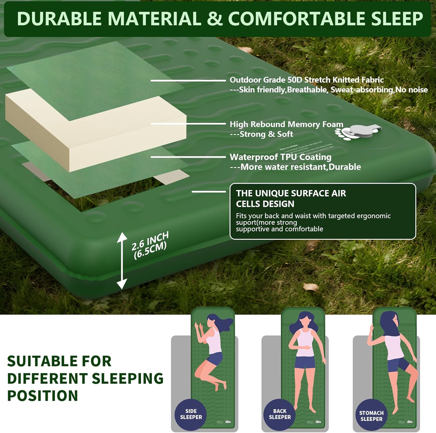 Alternative view of HiiPeak Memory Sleeping Pad, Compact Thick Foam Sleeping Mats with Pillow, 9.5 R-Value Insulated Camping Mattress Pad, Easy Inflate & Deflate, Inflatable Sleep Mat for Backpacking Hiking Car Tent