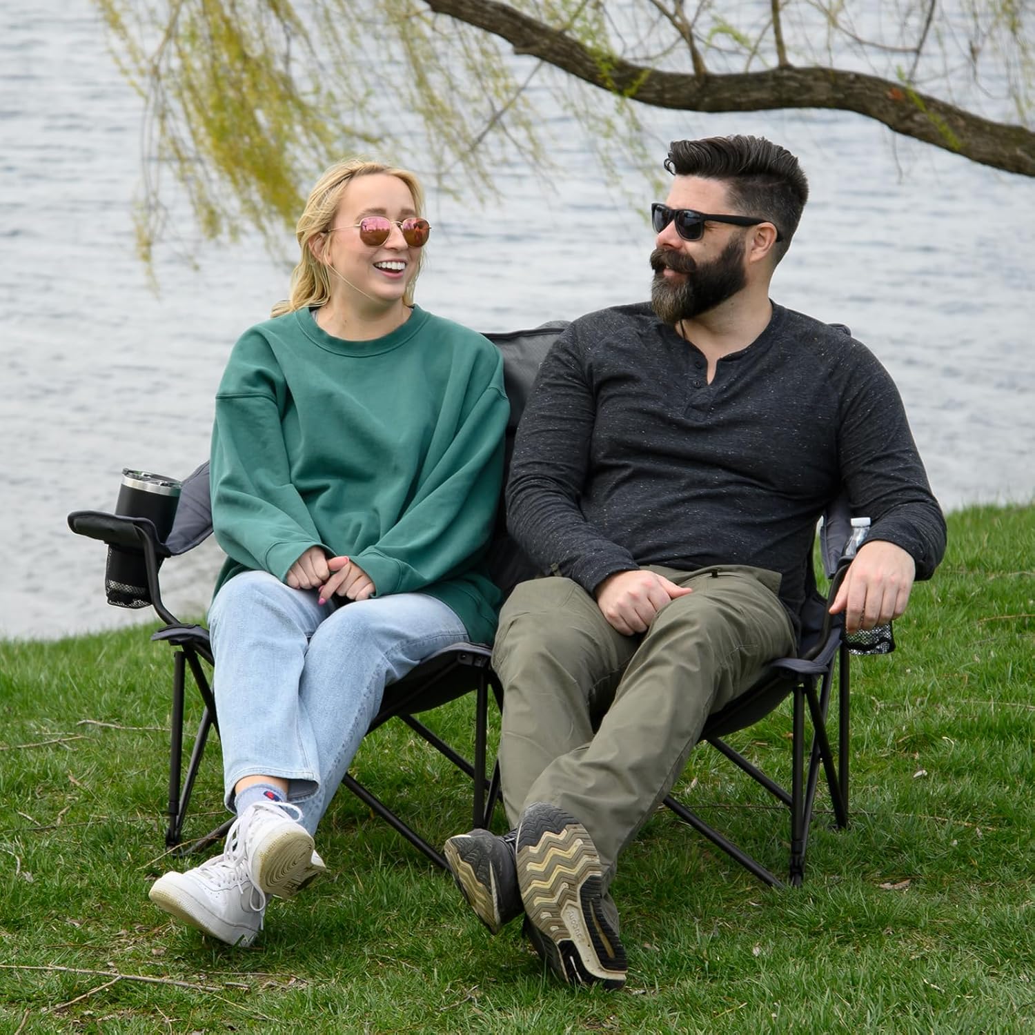 TIMBER RIDGE 2 Person Folding Loveseat Comfortable Double Foldable Camping Chair Folding Lawn chairs for Outside, Grey