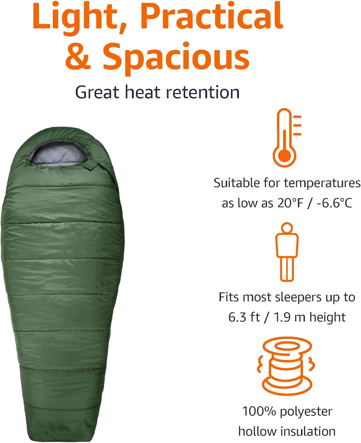 Alternative view of Amazon Basics 20°F Cold Weather Mummy Sleeping Bag, 82 Inches x 33 Inches, Olive Green