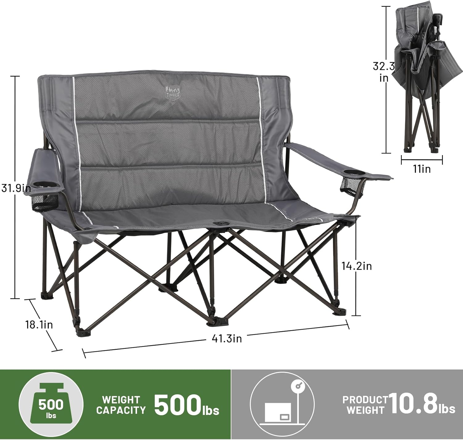 Alternative view of TIMBER RIDGE 2 Person Folding Loveseat Comfortable Double Foldable Camping Chair Folding Lawn chairs for Outside, Grey