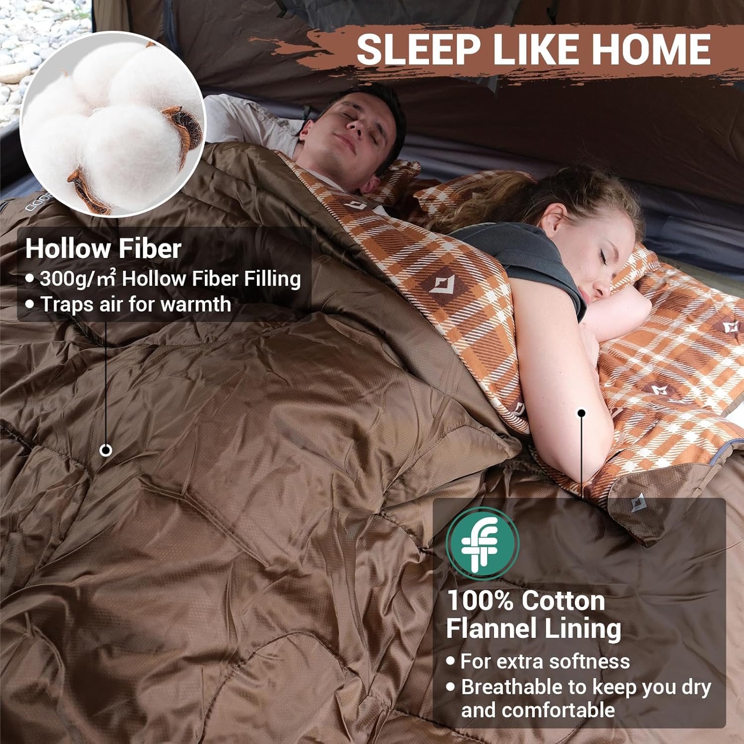 Alternative view of KingCamp Double Sleeping Bag for Adults, Queen Size 2 Person XXL Flannel Sleeping Bag, Waterproof Lightweight Flannel Quilt with 2 Pillows, Perfect for Couples Family Camping Hiking