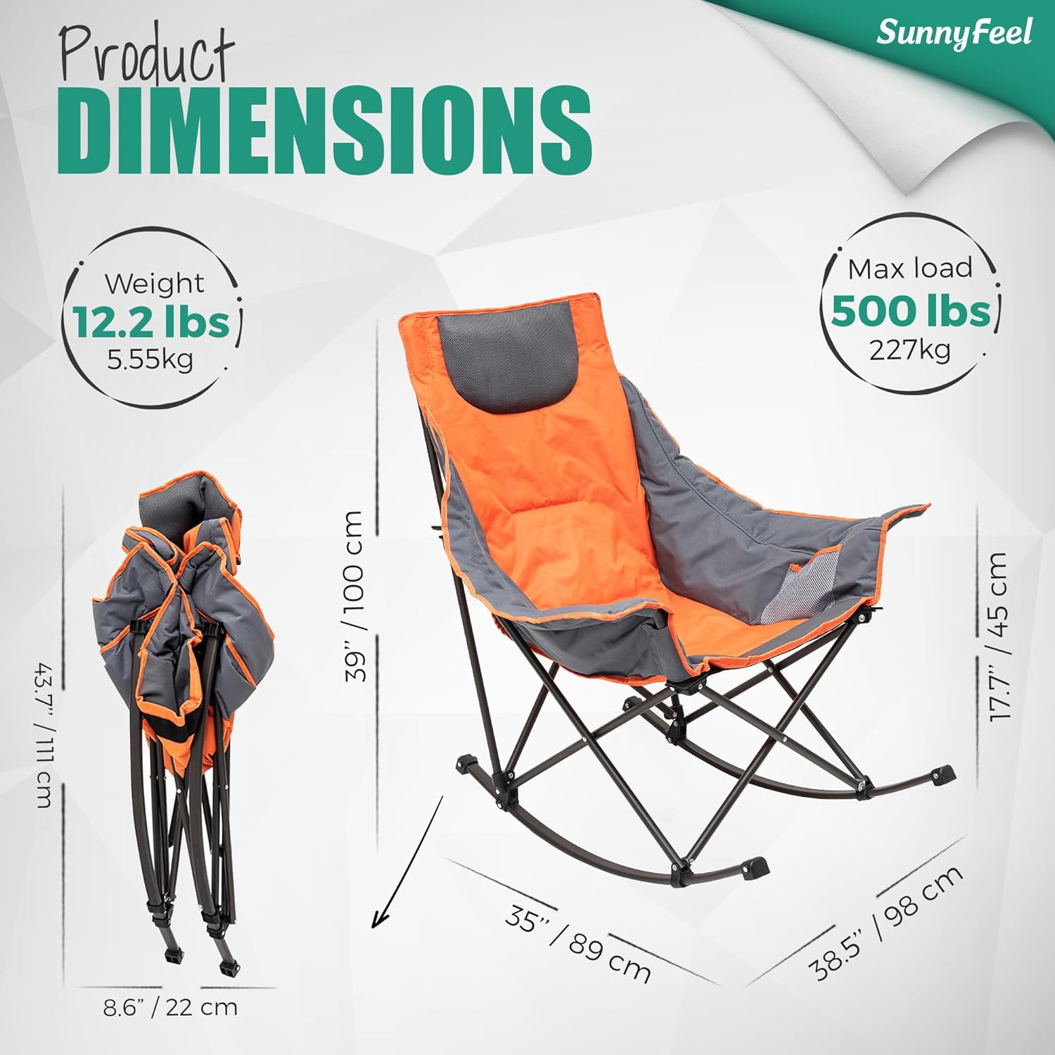 Alternative view of SUNNYFEEL Oversized Rocking Camping Chair, Fully Padded Patio Chair with Side Pocket, High Back Portable Lawn Recliner with Headrest, Outdoor Camp Rocker Chairs for Adults Heavy Duty 500 LBS