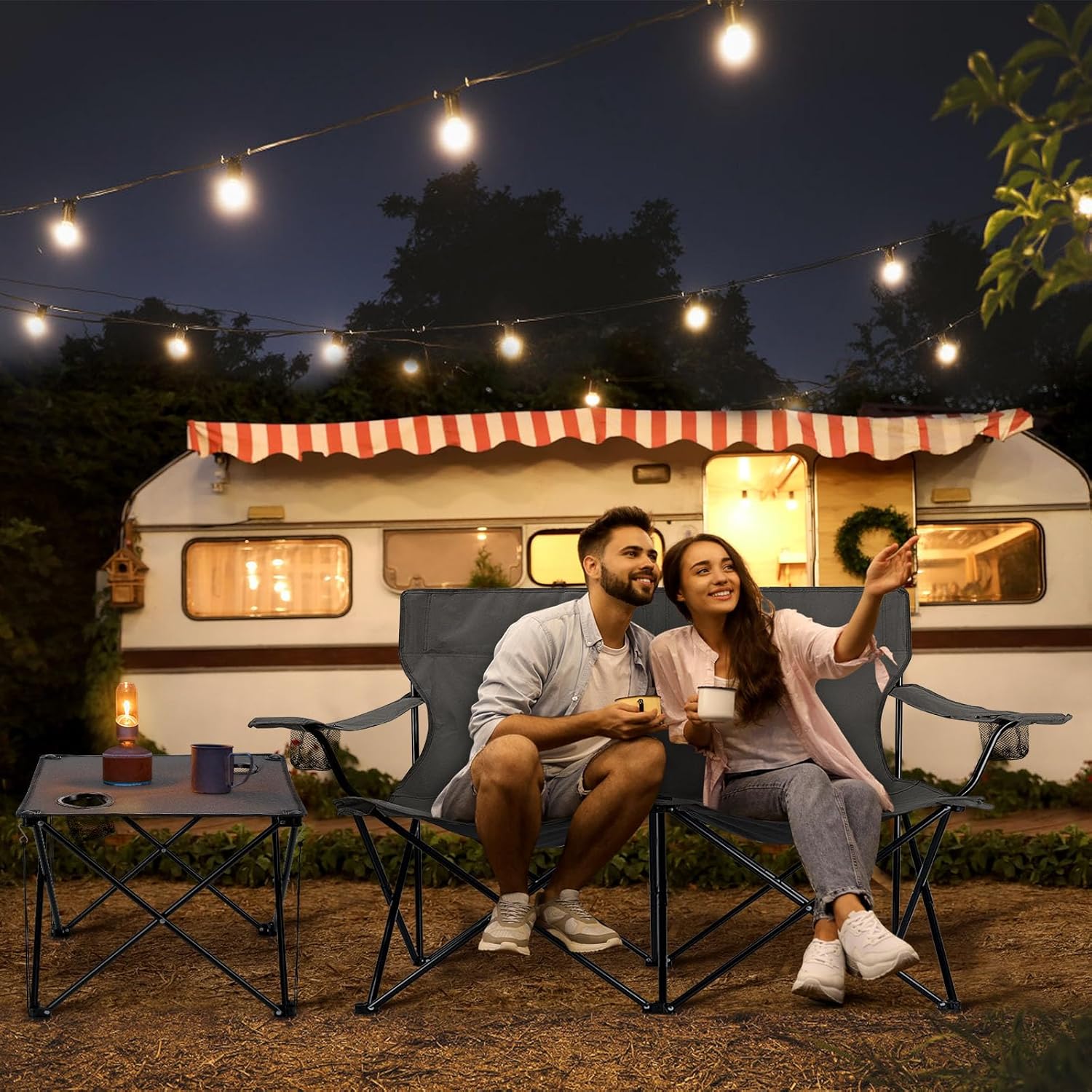 Leonyo Double Camping Chair, Loveseat Camping Chair with Folding Table, 2 Person Outdoor Folding Beach Chairs for Adults, Cup Holders & Carry Bag for Outside Travel, Supports 500lbs, Grey