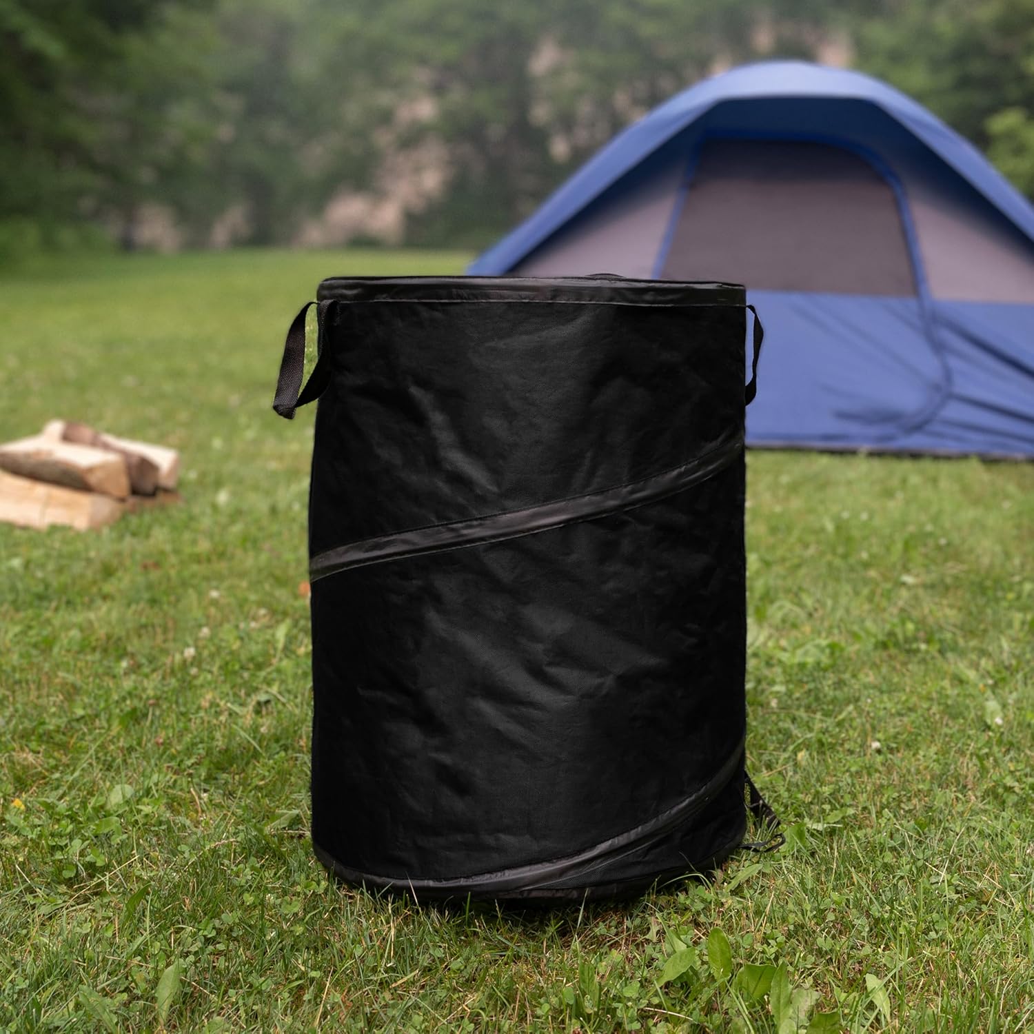 Collapsible Trash Can - 46-Gallon Garbage Can Outdoor Bin with 3 Stakes for RV, Camping, Storage, Recycling, or Yard Waste by Wakeman Outdoors (Black)
