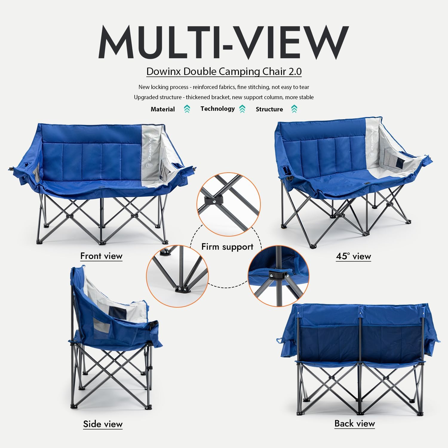 Alternative view of Dowinx Double Camping Chair Loveseat with Cup Holders & Wine Glass Holders, Oversized Folding Outdoor Lawn Chair 660lbs, Portable Padded Seat with Storage Bag for Adults, Beach, Patio, Picnic - Blue