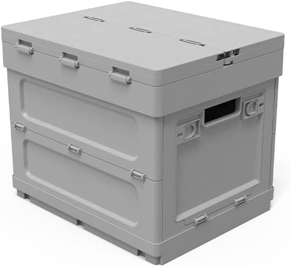 Folding Storage Camping Box with Table,3 in 1 Lightweight Camp Storage Box with Parking Warning Sign,Portable Foldable Compartment Table for Indoor, Outdoor, Fishing, BBQ, Picnic, Gray