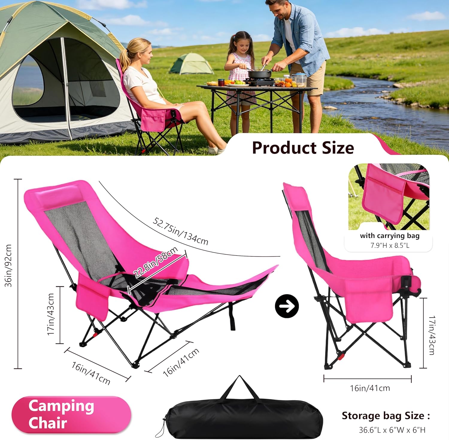 Hot Pink Reclining Camping Chair with Footrest, Portable Folding Lounge Chair, 4-Position Adjustable Folding Camping Chair With Headrest & Storage Bag for Outdoor Lawn, Hiking, Picnic, Fishing