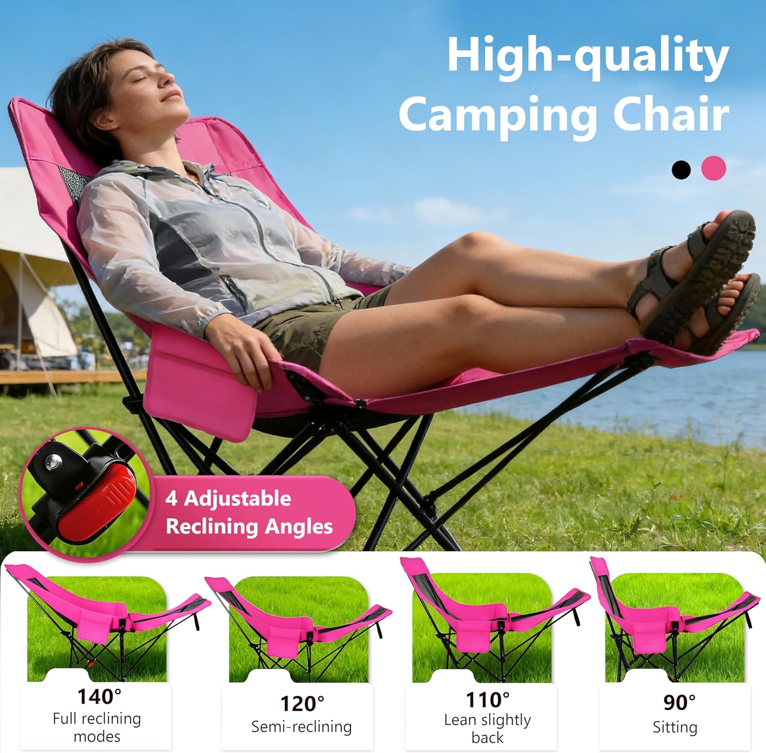 Alternative view of Hot Pink Reclining Camping Chair with Footrest, Portable Folding Lounge Chair, 4-Position Adjustable Folding Camping Chair With Headrest & Storage Bag for Outdoor Lawn, Hiking, Picnic, Fishing
