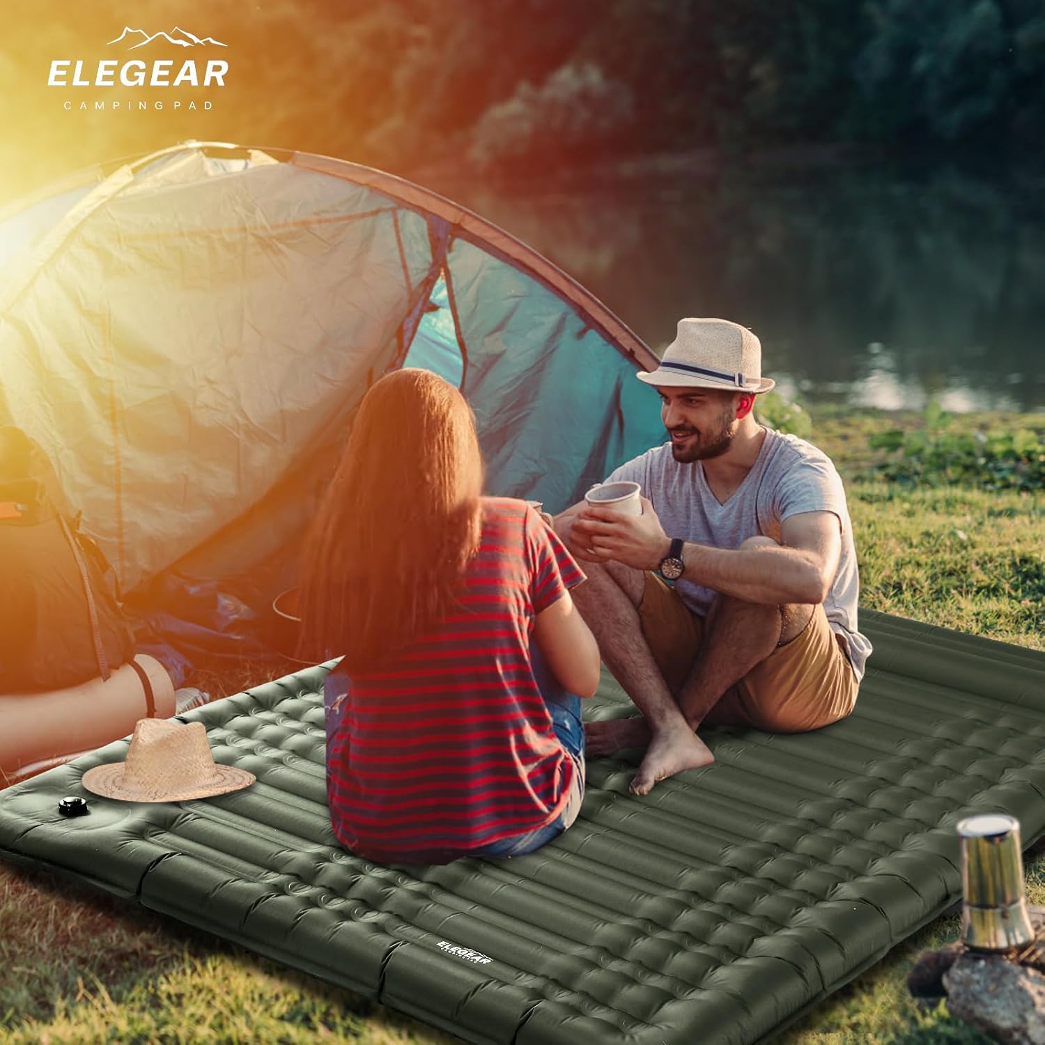 Elegear CumbreX Double Sleeping Pad for Camping, 4.7" Ultra-Thick Inflatable Camping Sleeping Pad 2 Person with Built-in Foot Pump, Portable Camping Sleeping Mat for Backpacking Hiking Tent,Green Full