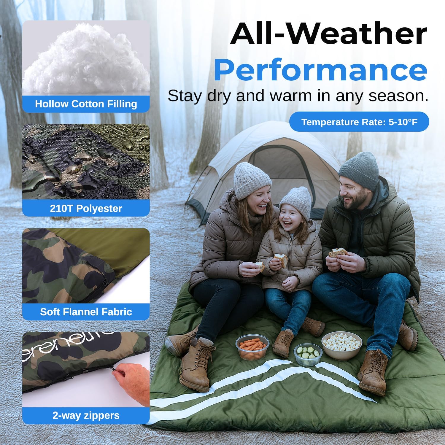 SereneLife Double Sleeping Bag with Pillows, Waterproof & Detachable for 2 Single Bags, Lightweight & Warm, Perfect for Camping, Hiking, Backpacking, and Cold Weather, Suitable for Temperatures 5-10°F
